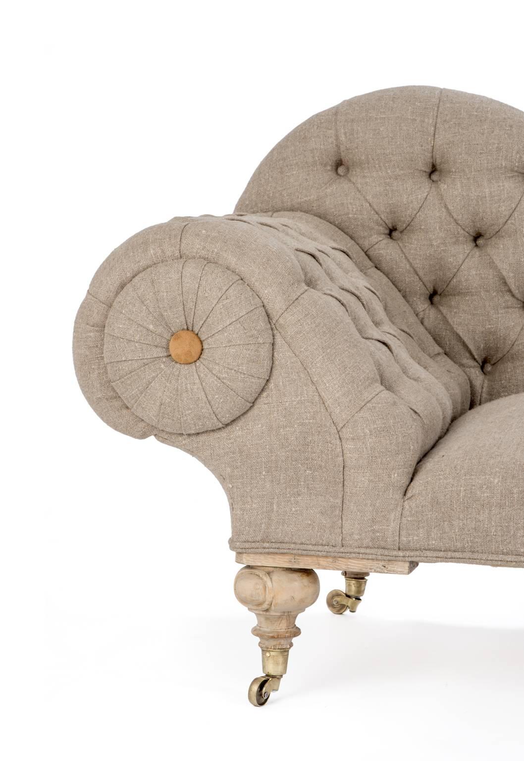 Contemporary Eclectic Late Victorian Scroll Arm Tufted Chaise Longue in Organic Flax Linen. For Sale