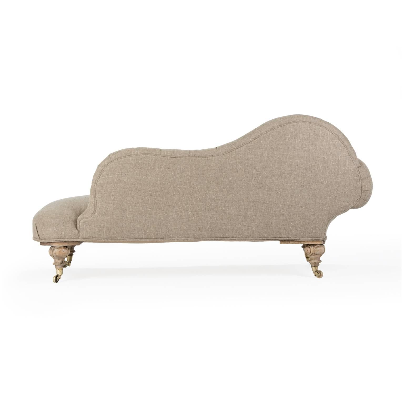 Eclectic Late Victorian Scroll Arm Tufted Chaise Longue in Organic Flax Linen. For Sale 1