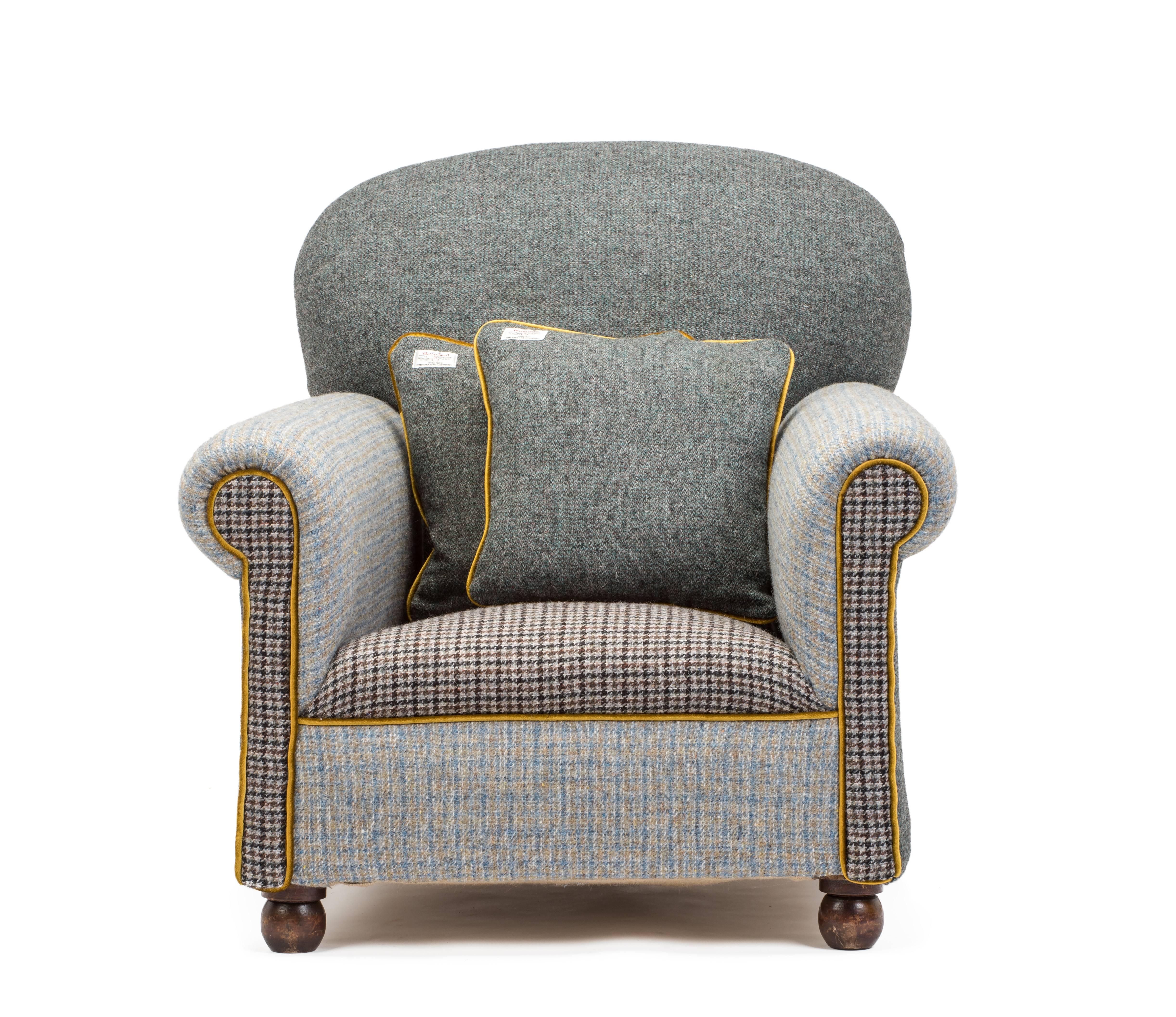 English The Eclectic Victorian Club Chair in a Cocktail of Harris Tweed with Cushions For Sale