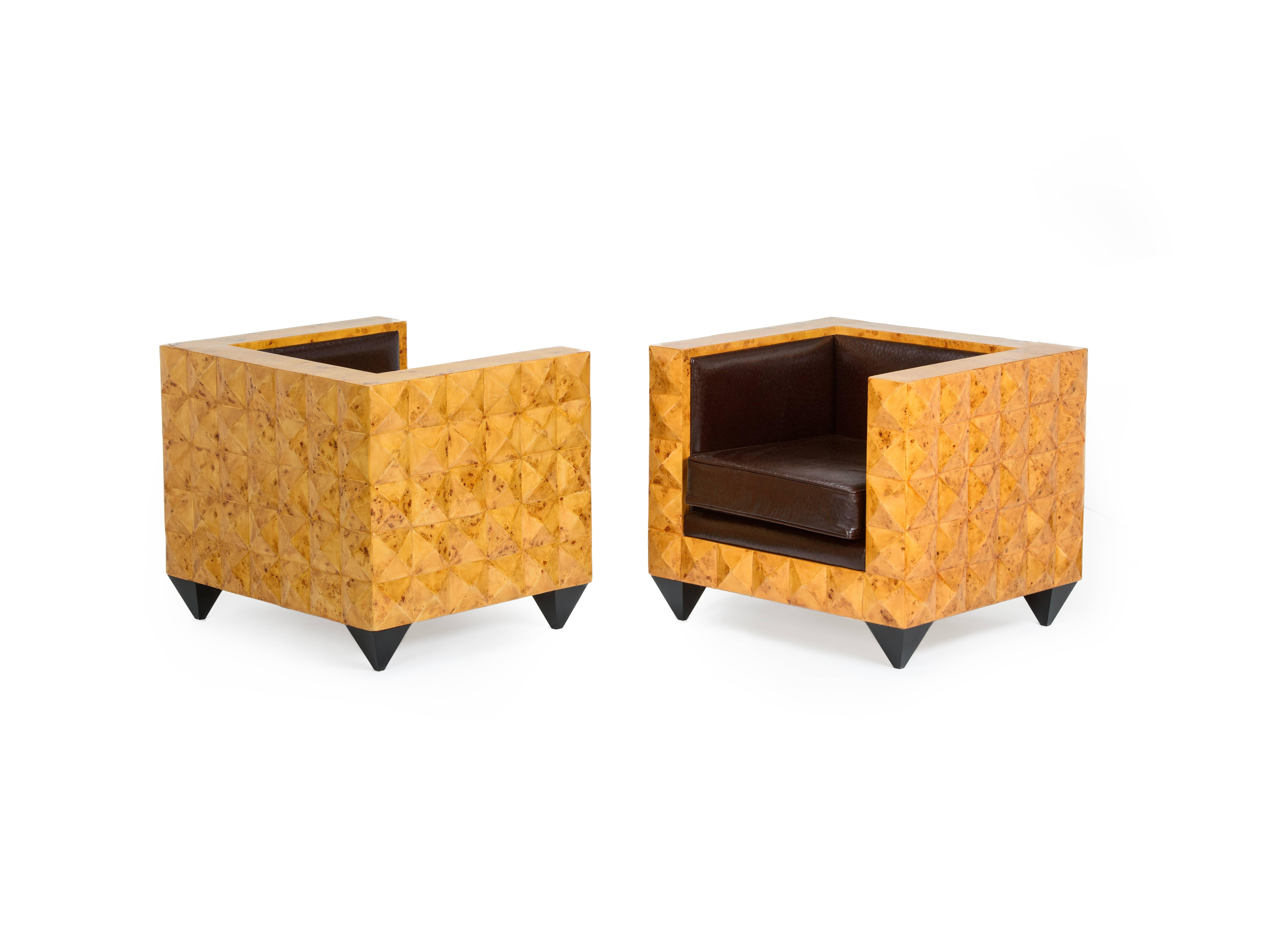 Lacquered Stunning Pair of Unusual Burr Walnut Geometric Pyramid Armchairs. For Sale