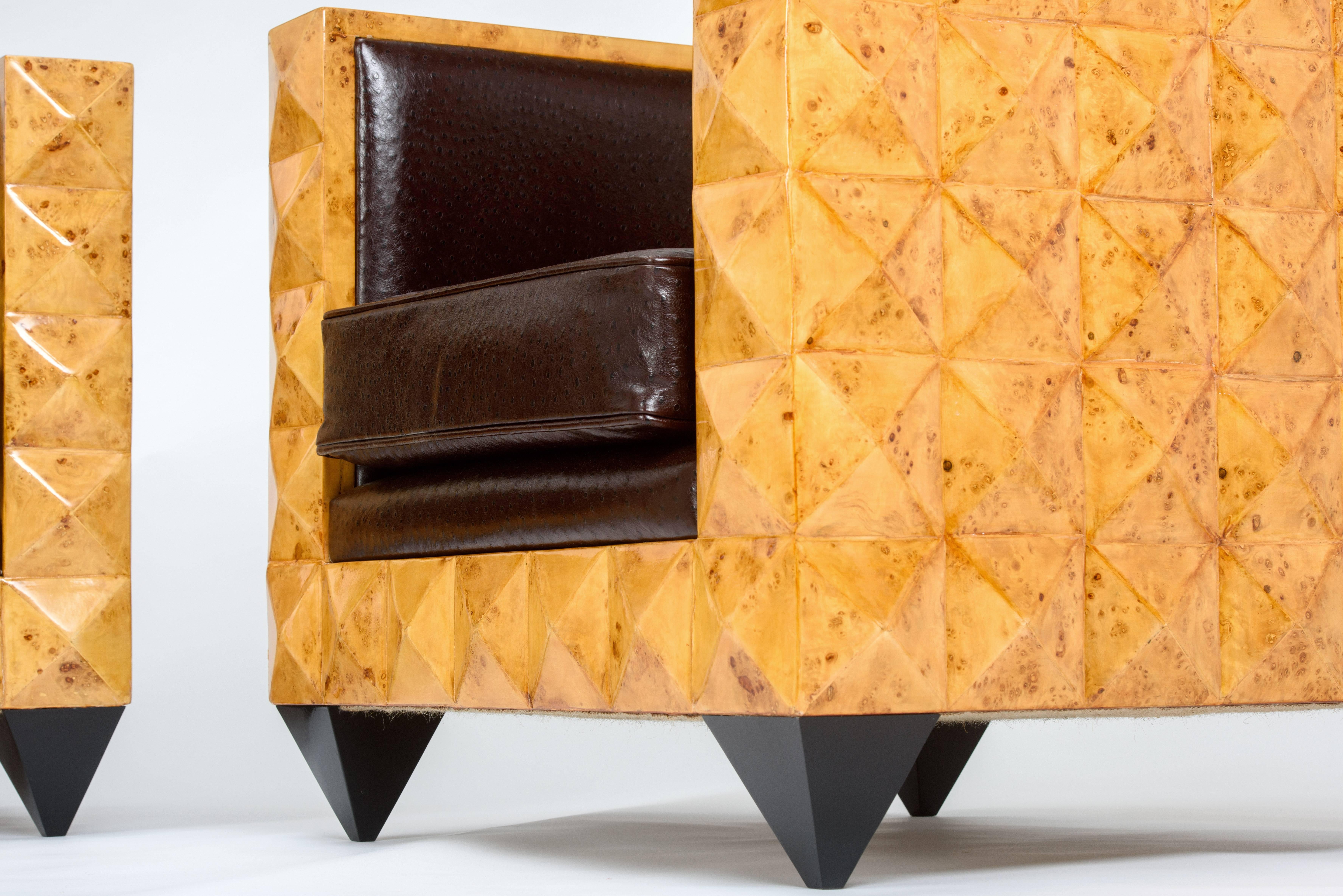 Lacquer Stunning Pair of Unusual Burr Walnut Geometric Pyramid Armchairs. For Sale