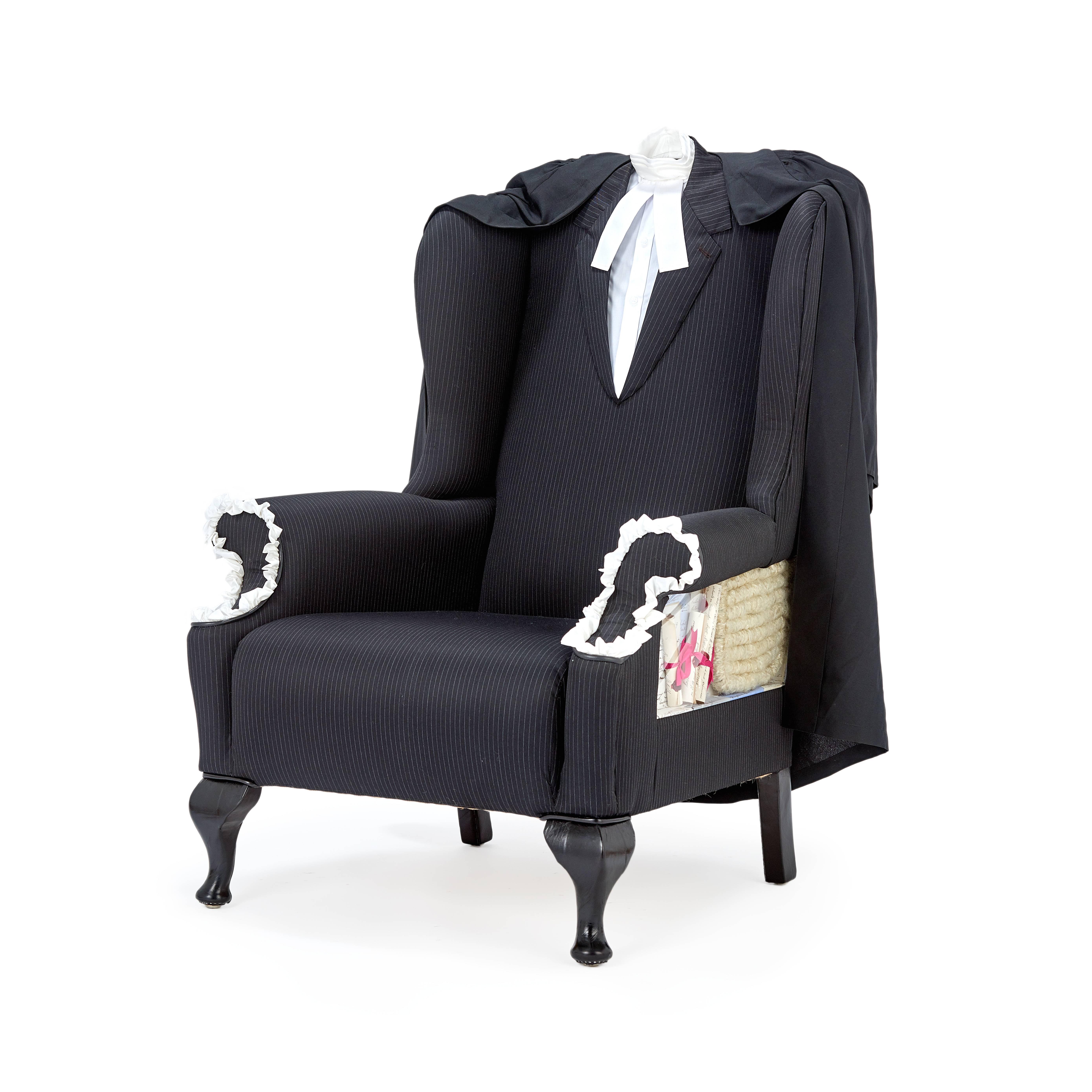 Delightful Victorian fireside wing chair with a twist, traditionally restored frame then lovingly reupholstered in a quirky mix of eclectic charcoal pinstriped suiting fabric, piped in black patent leather with matching handmade black patent leather