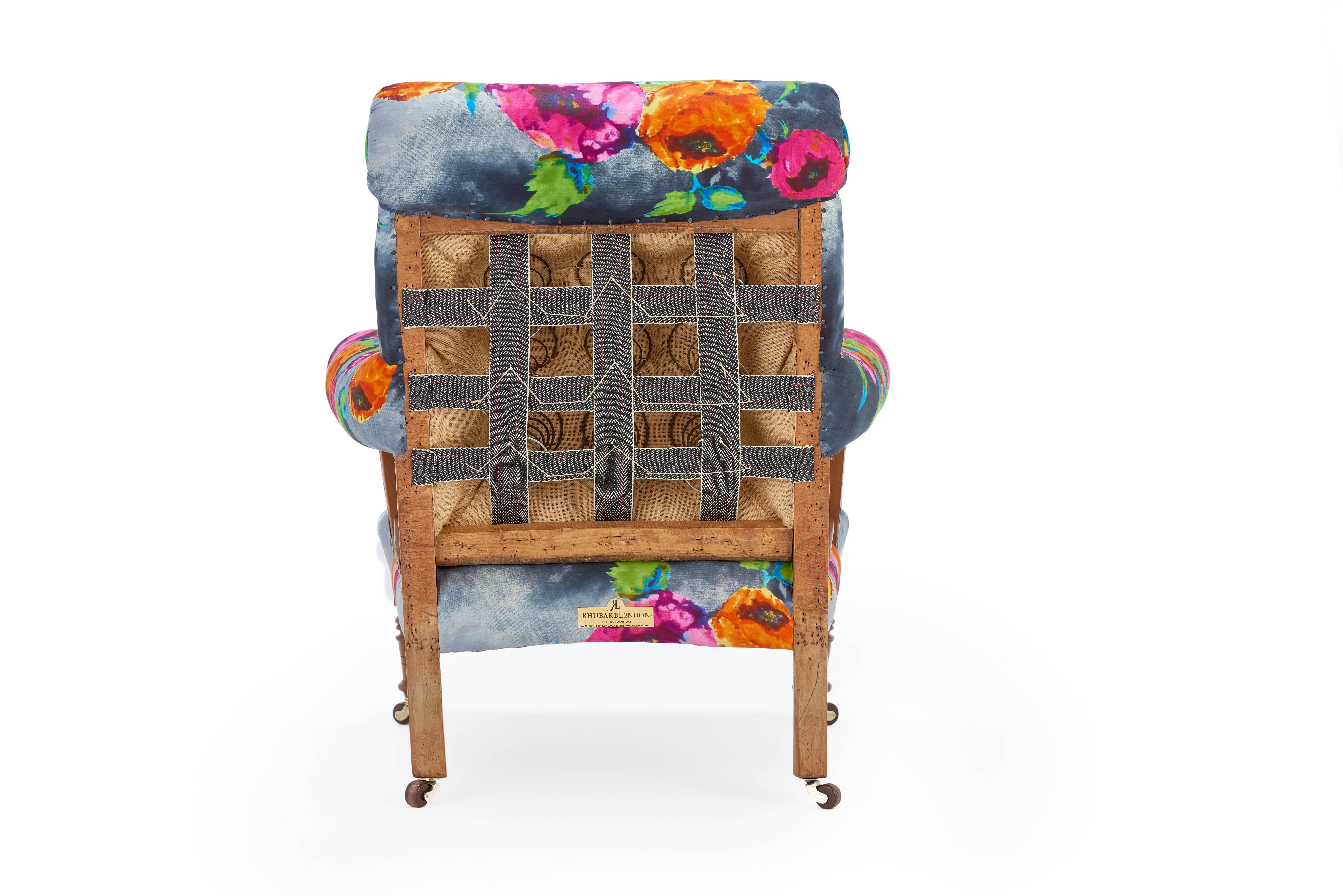 Polished Delightful Antique Deconstructed Country House Armchair in a Hand Blocked Print For Sale
