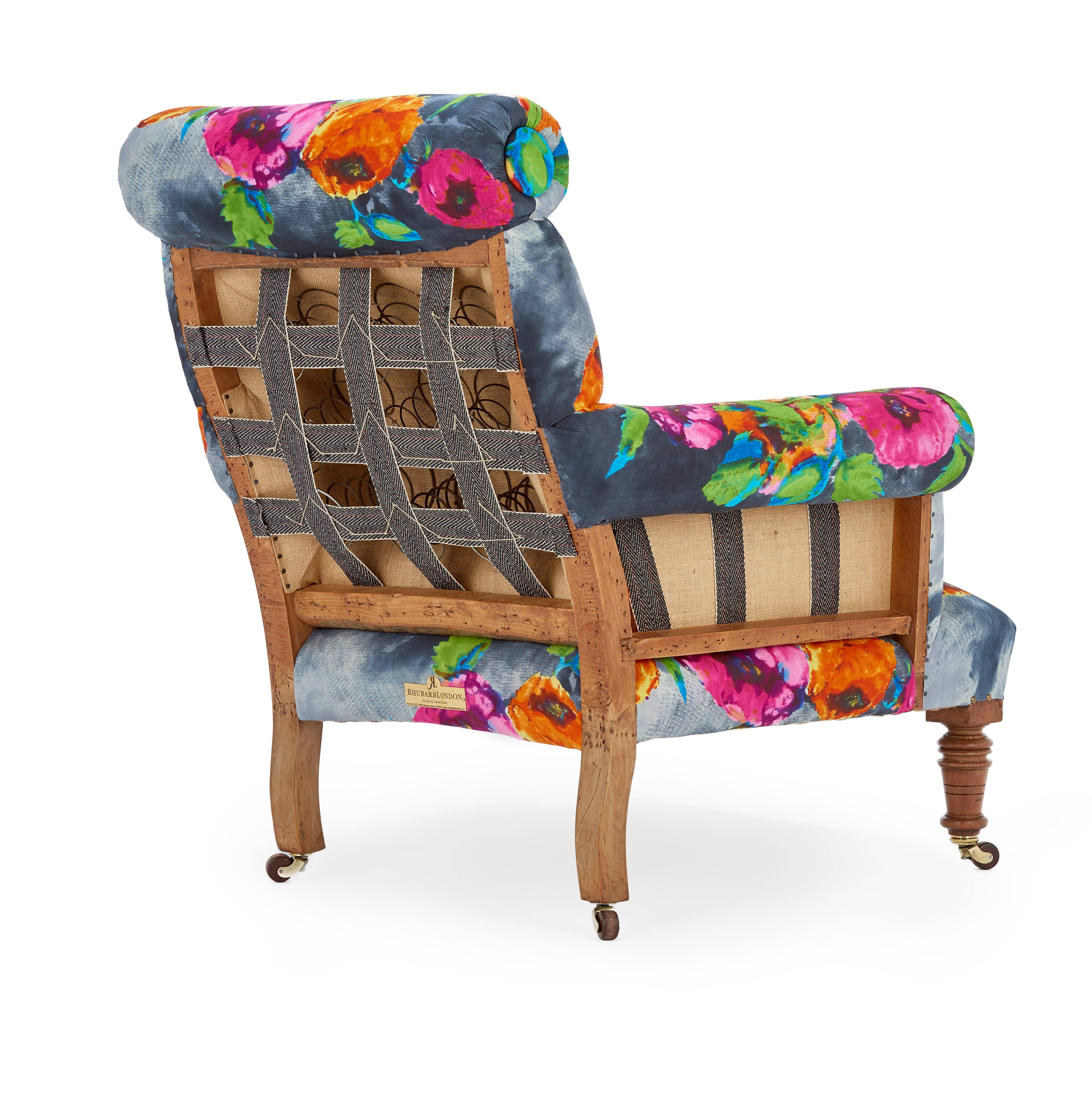 English Delightful Antique Deconstructed Country House Armchair in a Hand Blocked Print For Sale