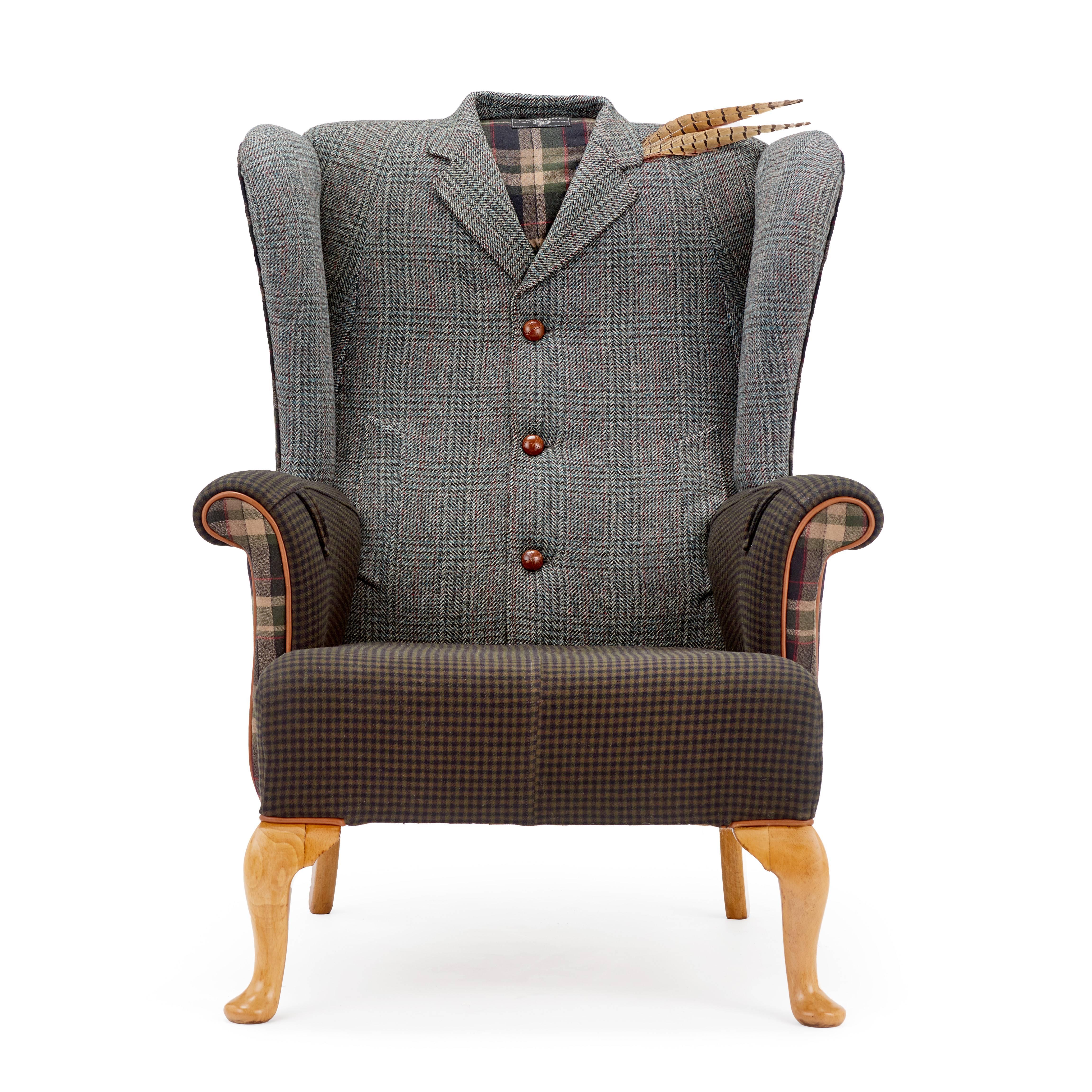 The original 1970s retro beechwood wing chair with a difference.

Reupholstered in a traditional eclectic mix of original Crombie mens overcoat with a contrasting cocktail of other tweeds and tartans.

Pockets to both sides of chair, original
