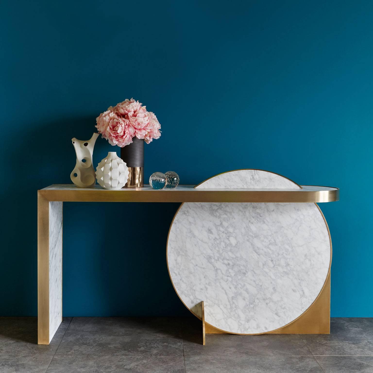 British The Collision Console Carrara Marble and Brushed Brass by Lara Bohinc