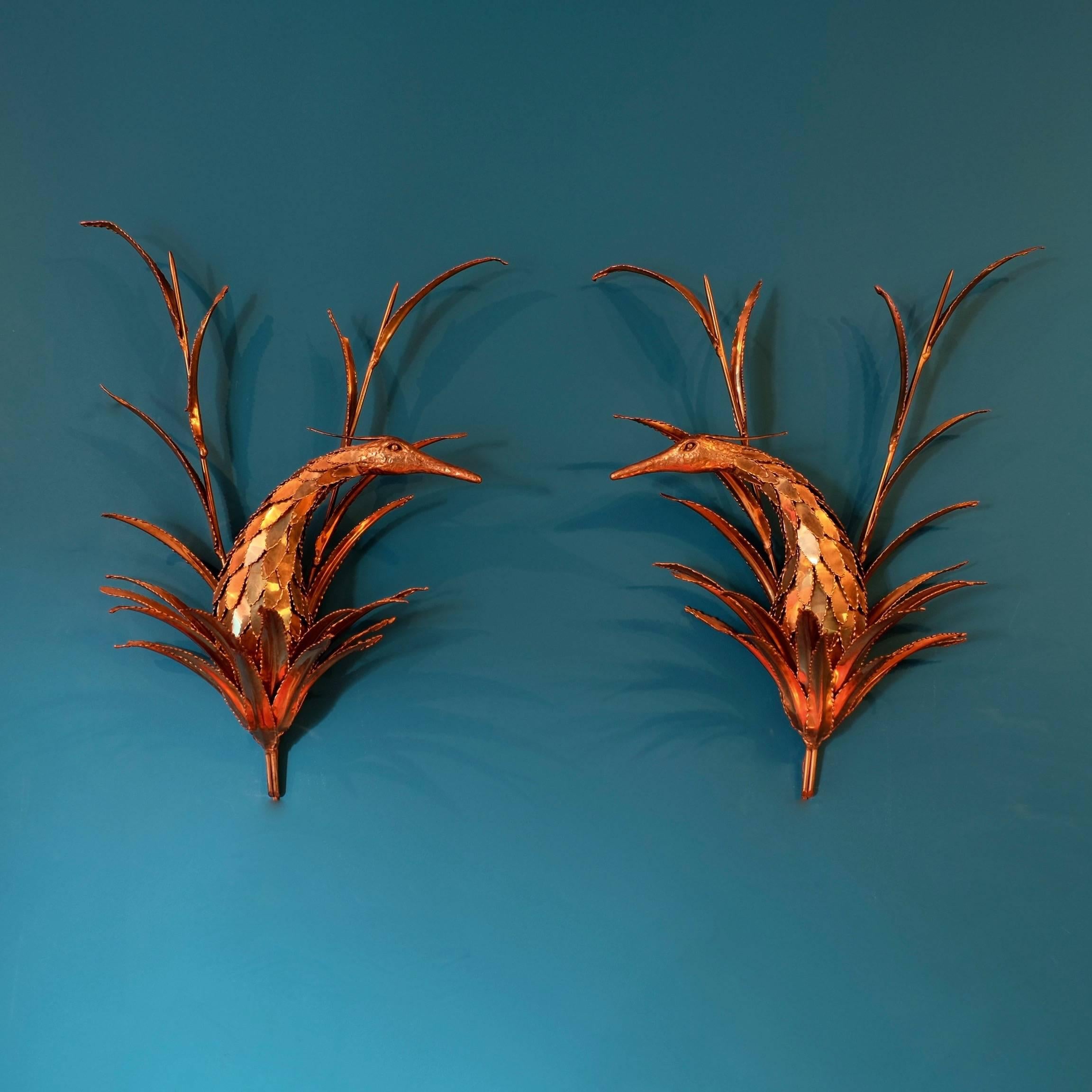 Unusual pair of lacquered brass Maison Jansen bird and plant motif wall lights. Rewired and PAD tested.