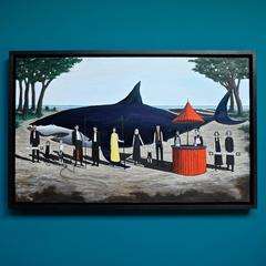 Edward Bridges Oil on Board "Shark with Trees on Beach" 2016
