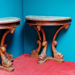 Pair of 1920s Stylized Dolphin Demilune Console Tables