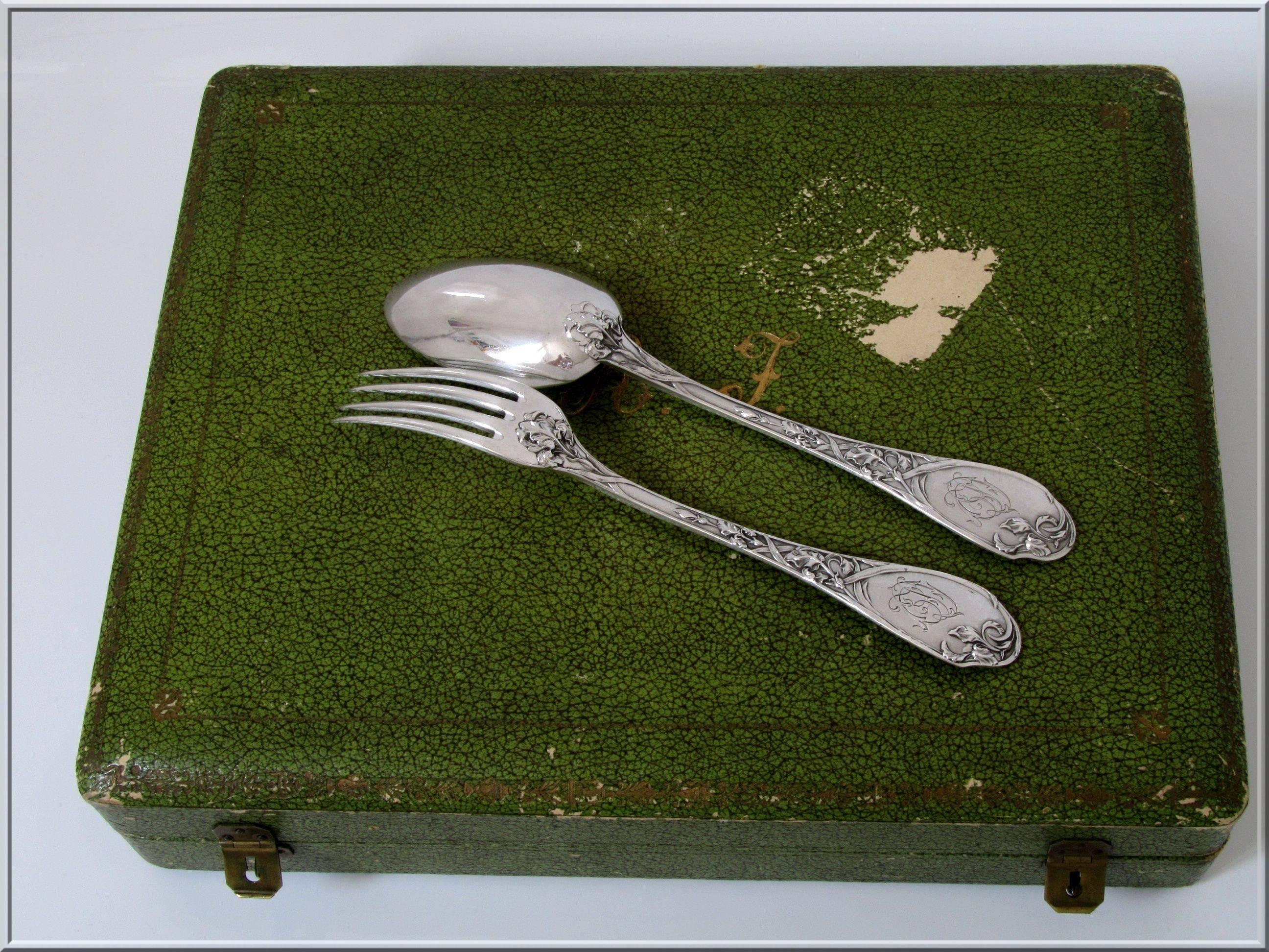Late 19th Century Puiforcat Fabulous French Sterling Silver Dessert Flatware Set 24 Pcs Box Iris