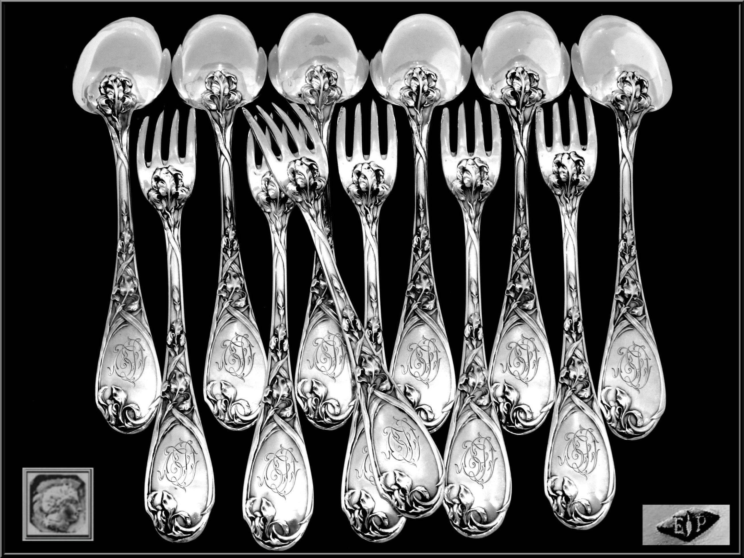 Art Nouveau Puiforcat Fabulous French Sterling Silver Dessert Flatware Set 24 Pcs Box Iris