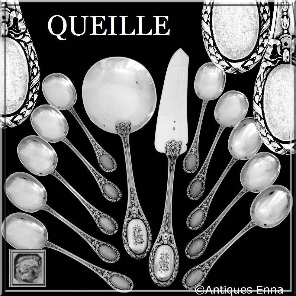 Queille fabulous French all sterling silver ice cream set of 12 pieces torchs.

Head of Minerve 1st titre for 950/1000 French sterling silver guarantee.

A set of truly exceptional quality, for the richness of its Louis XVI decoration, its form and
