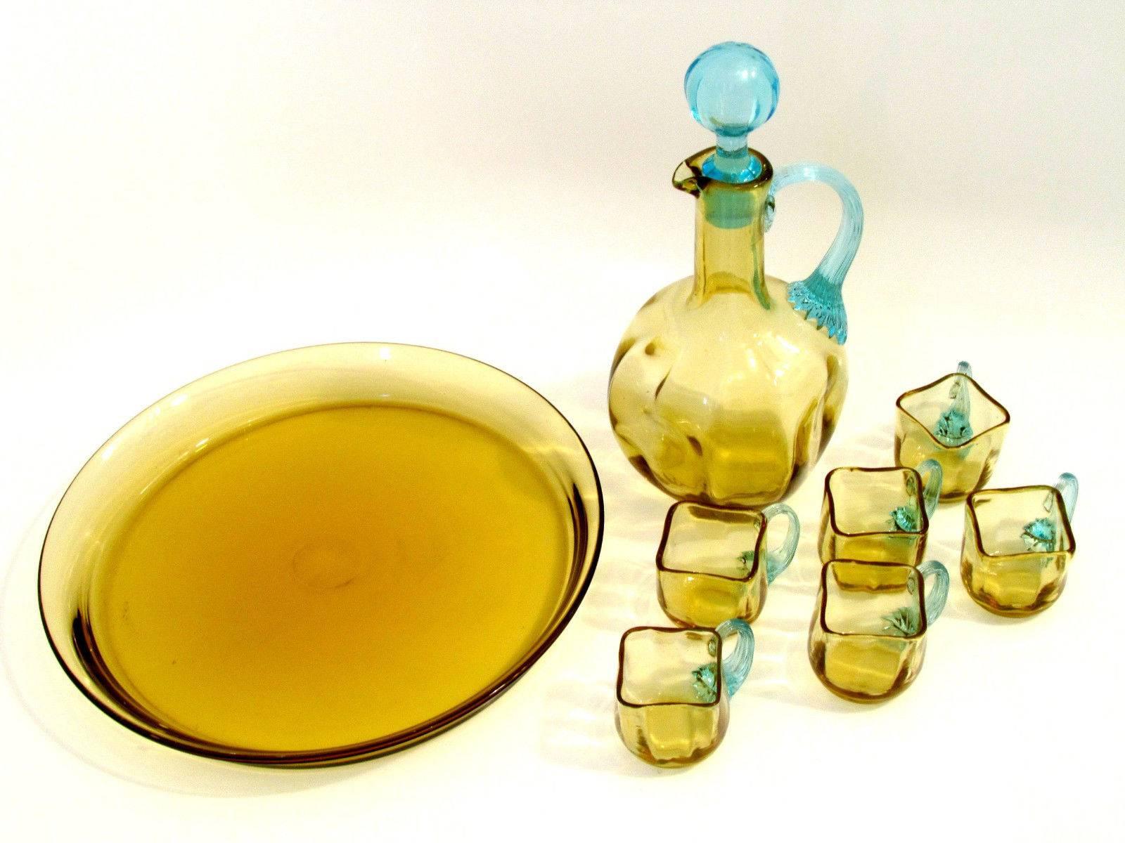 Art Nouveau Legras 1899s French Amber & Azure Glass Liqueur Set, Decanter, Cordials, Tray