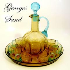 Legras 1899s French Amber & Azure Glass Liqueur Set, Decanter, Cordials, Tray