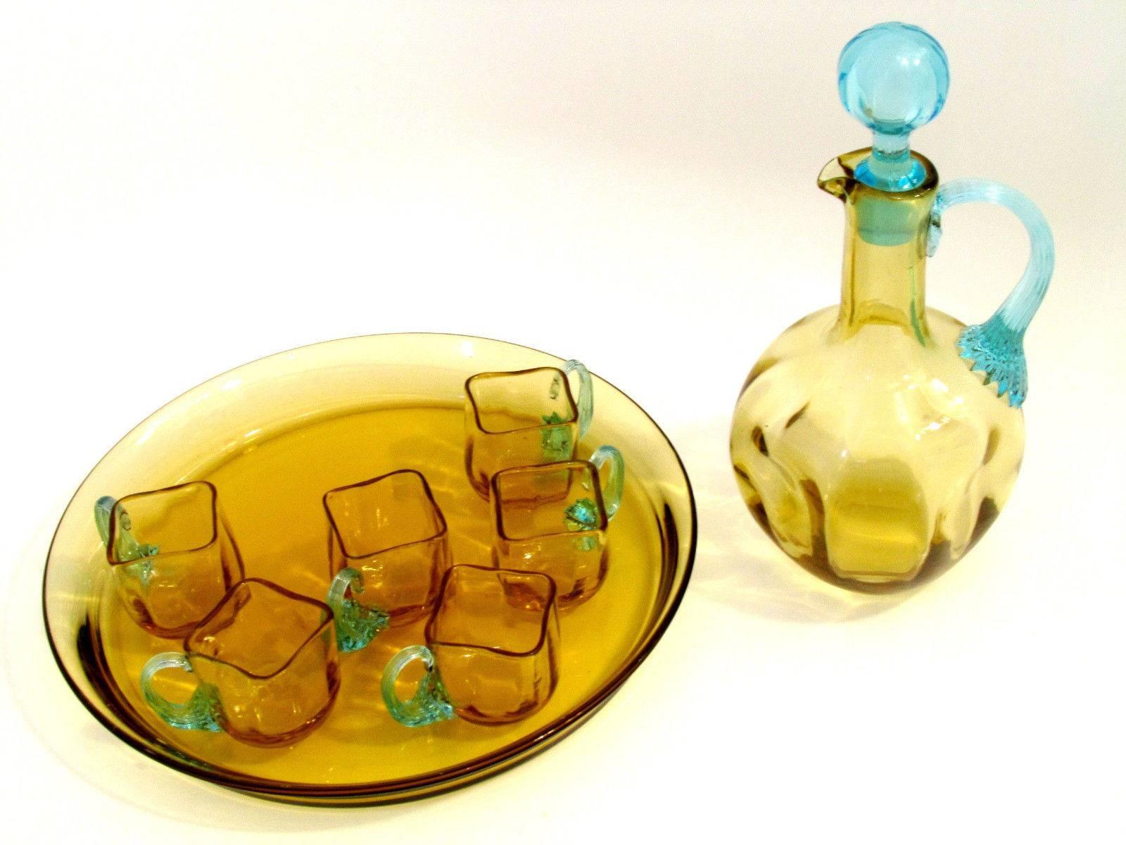 Late 19th Century Legras 1899s French Amber & Azure Glass Liqueur Set, Decanter, Cordials, Tray