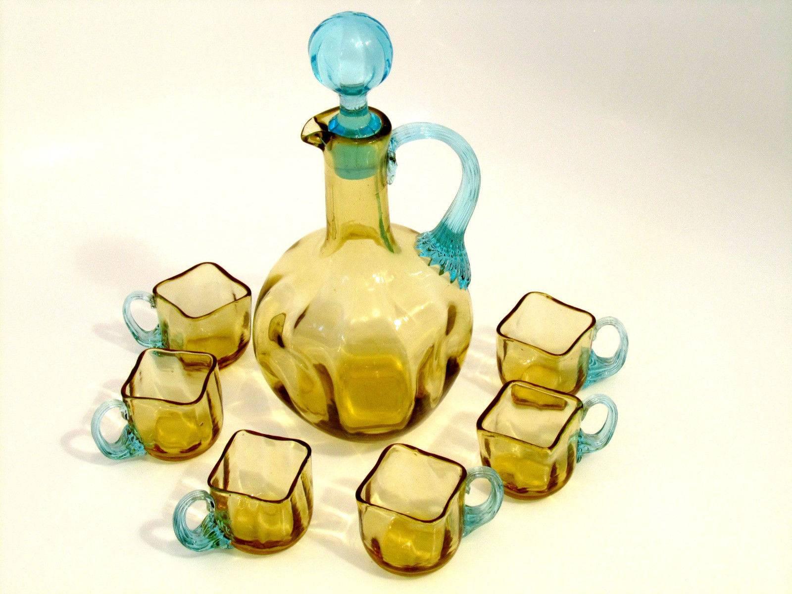 Legras 1899s French Amber & Azure Glass Liqueur Set, Decanter, Cordials, Tray 3