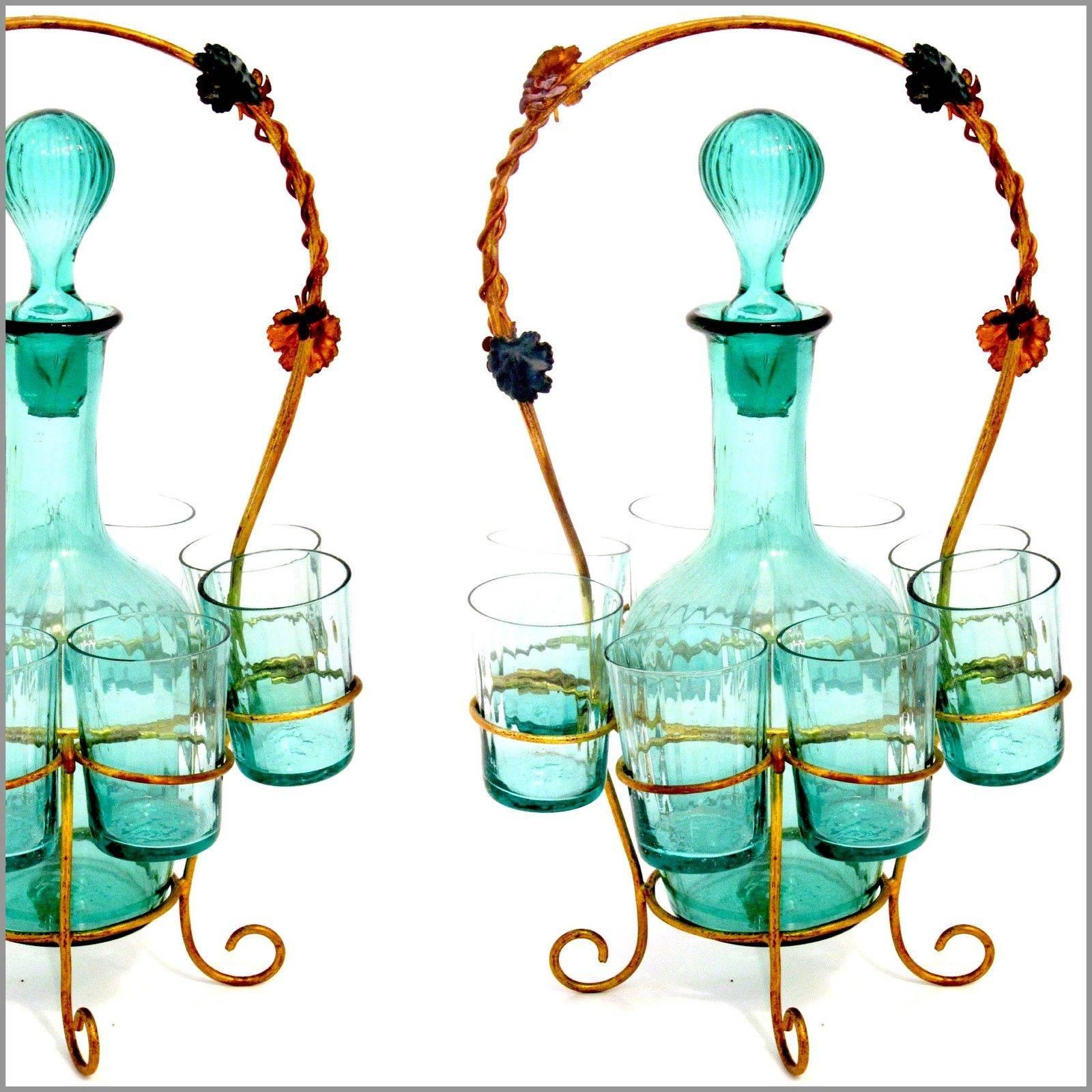Art Nouveau Antique French Green-Blue Glass Liquor Cabaret Set 9 Pieces with Ormolu Stand For Sale