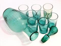 Antique French Green-Blue Glass Liquor Cabaret Set 9 Pieces with Ormolu Stand
