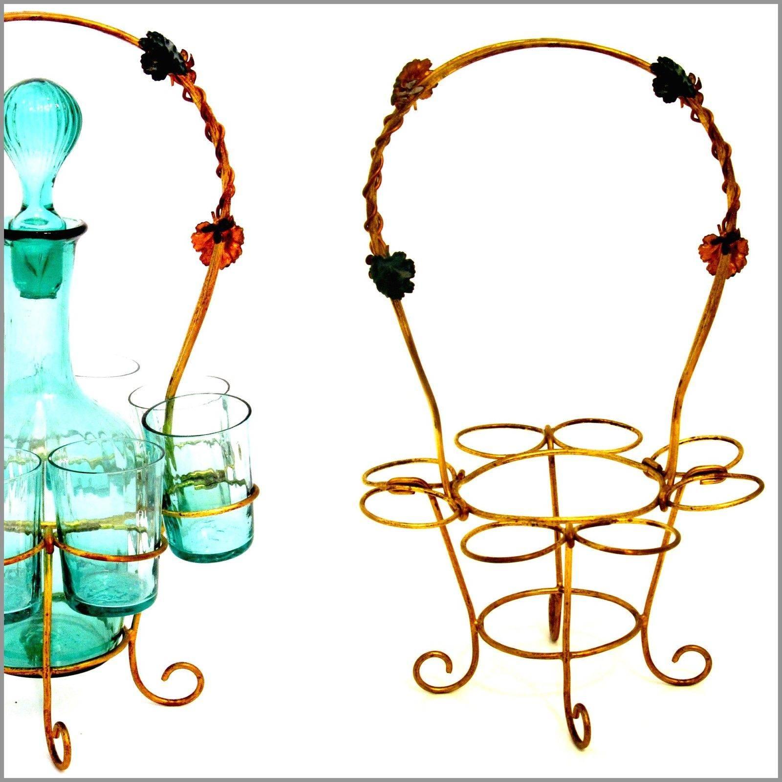 Early 20th Century Antique French Green-Blue Glass Liquor Cabaret Set 9 Pieces with Ormolu Stand For Sale