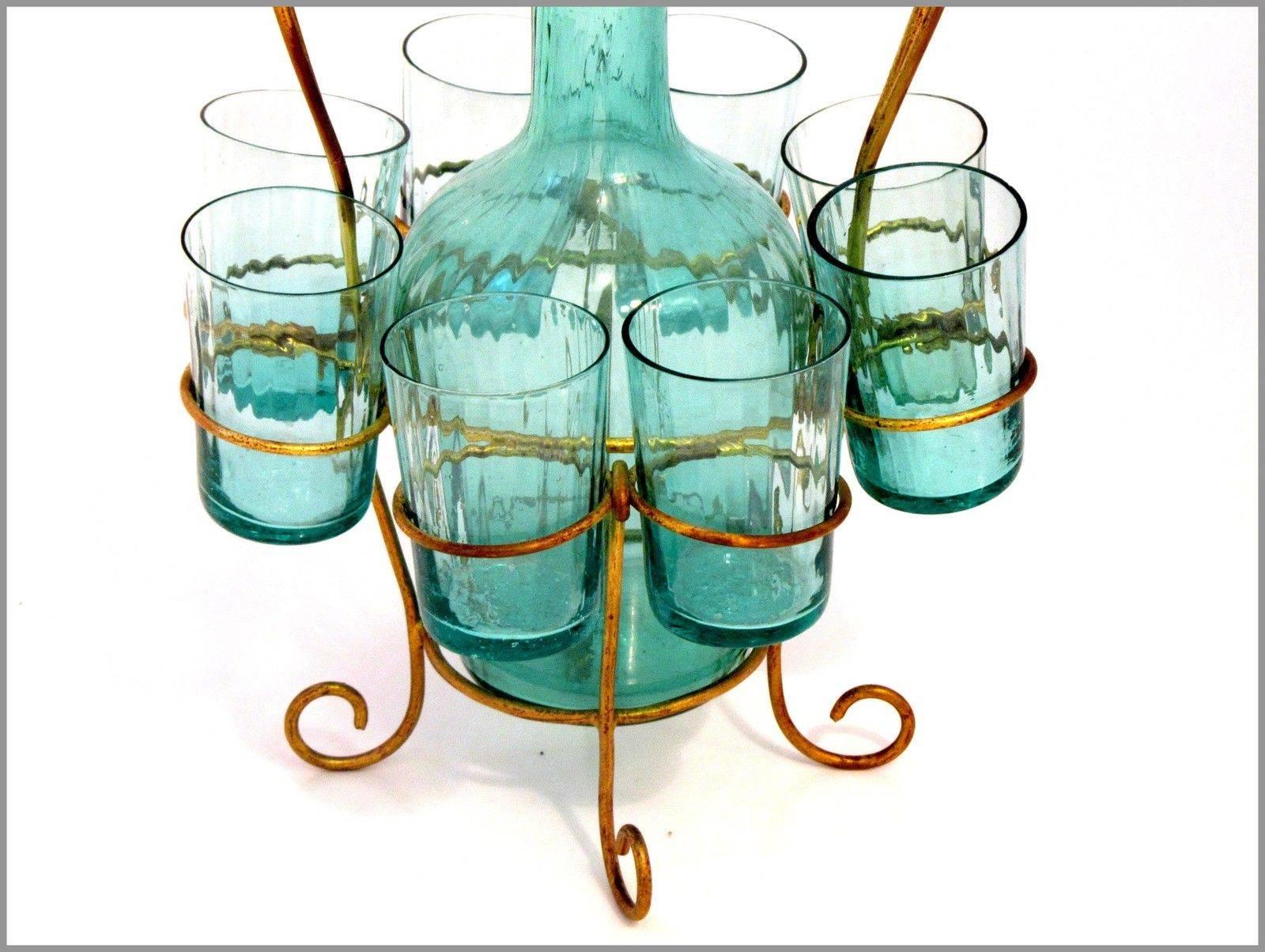 Antique French Green-Blue Glass Liquor Cabaret Set 9 Pieces with Ormolu Stand For Sale 1