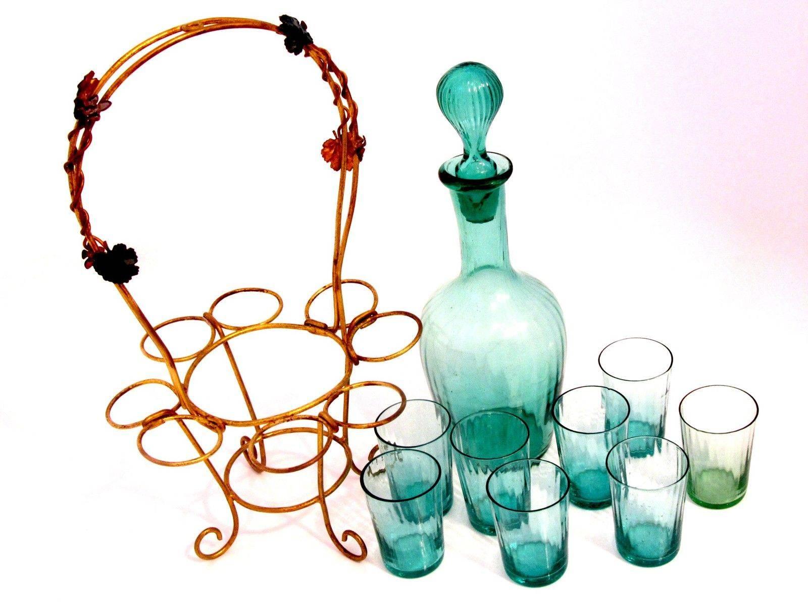 Antique French Green-Blue Glass Liquor Cabaret Set 9 Pieces with Ormolu Stand For Sale 2