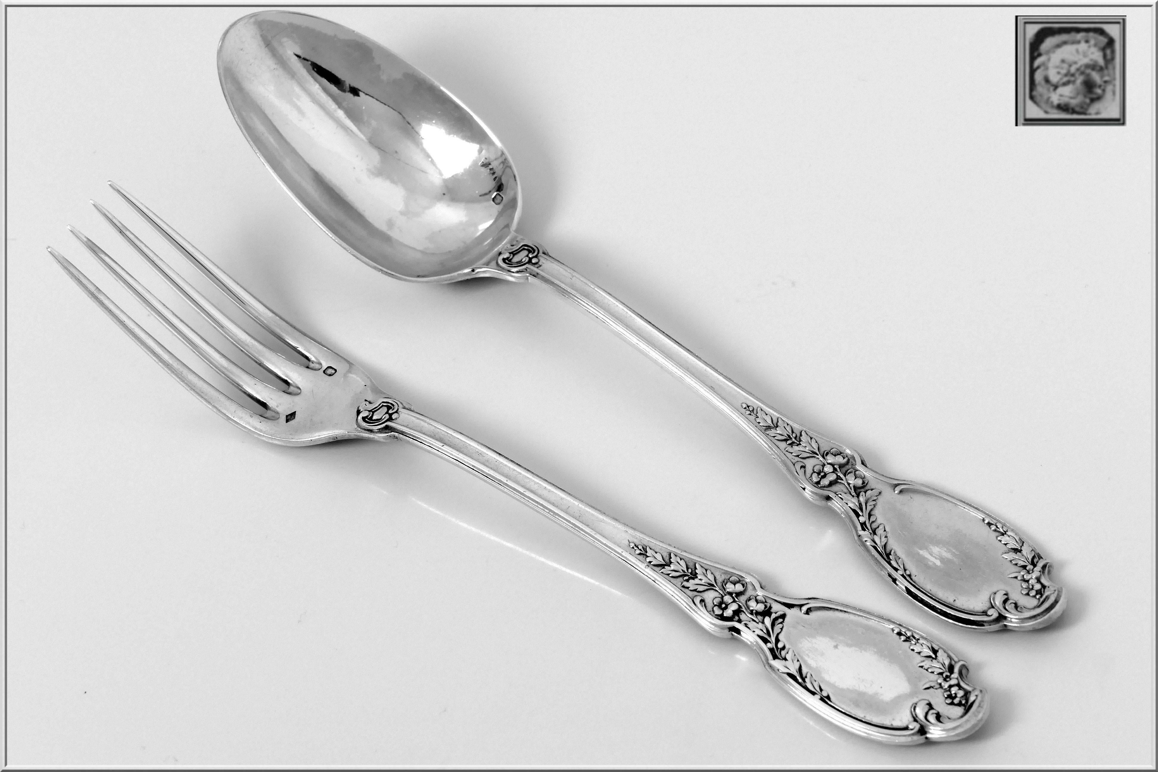 Late 19th Century Linzeler French Sterling Silver Dinner Flatware Set 12 pieces, Rococo For Sale