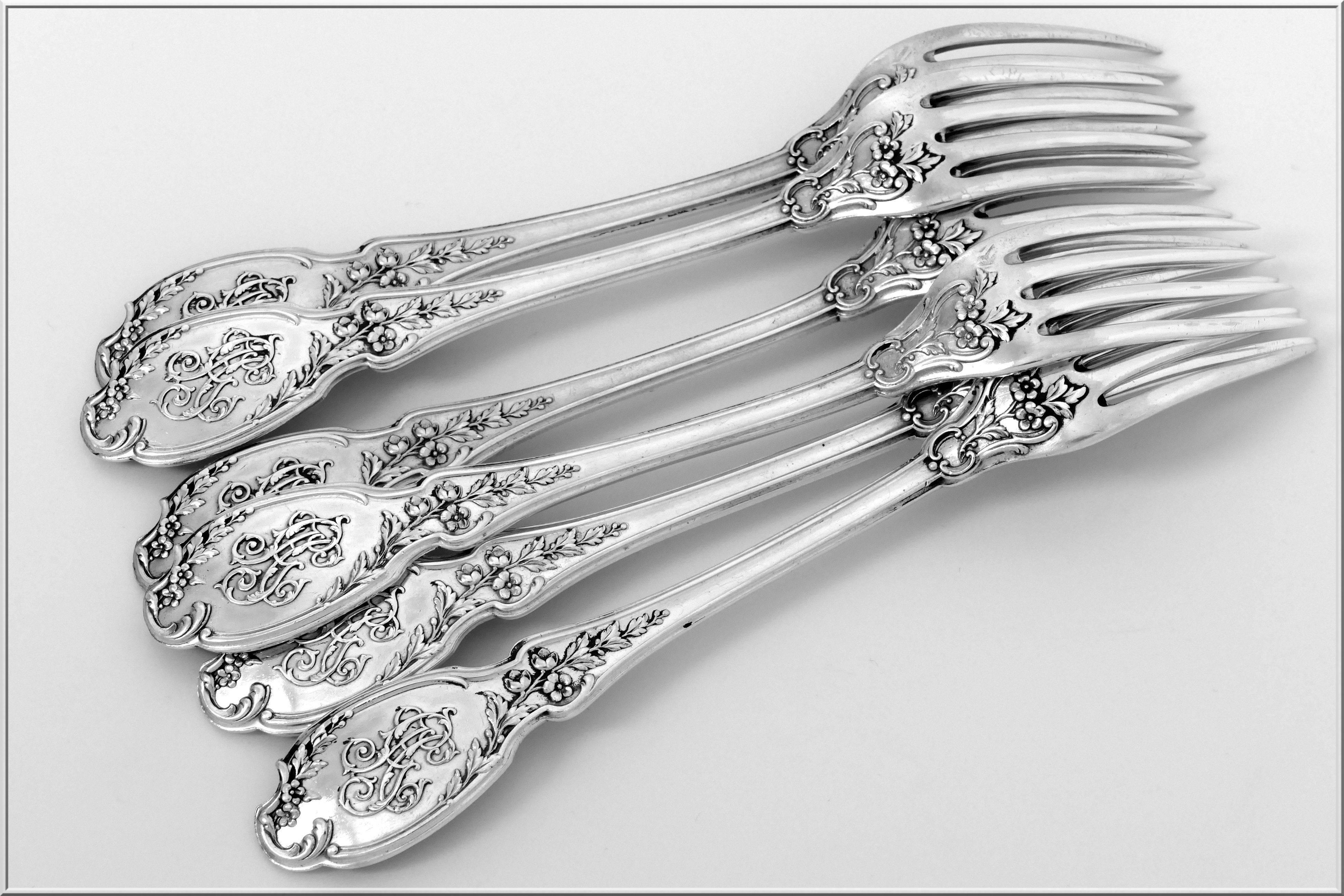 Linzeler French Sterling Silver Dinner Flatware Set 12 pieces, Rococo For Sale 3