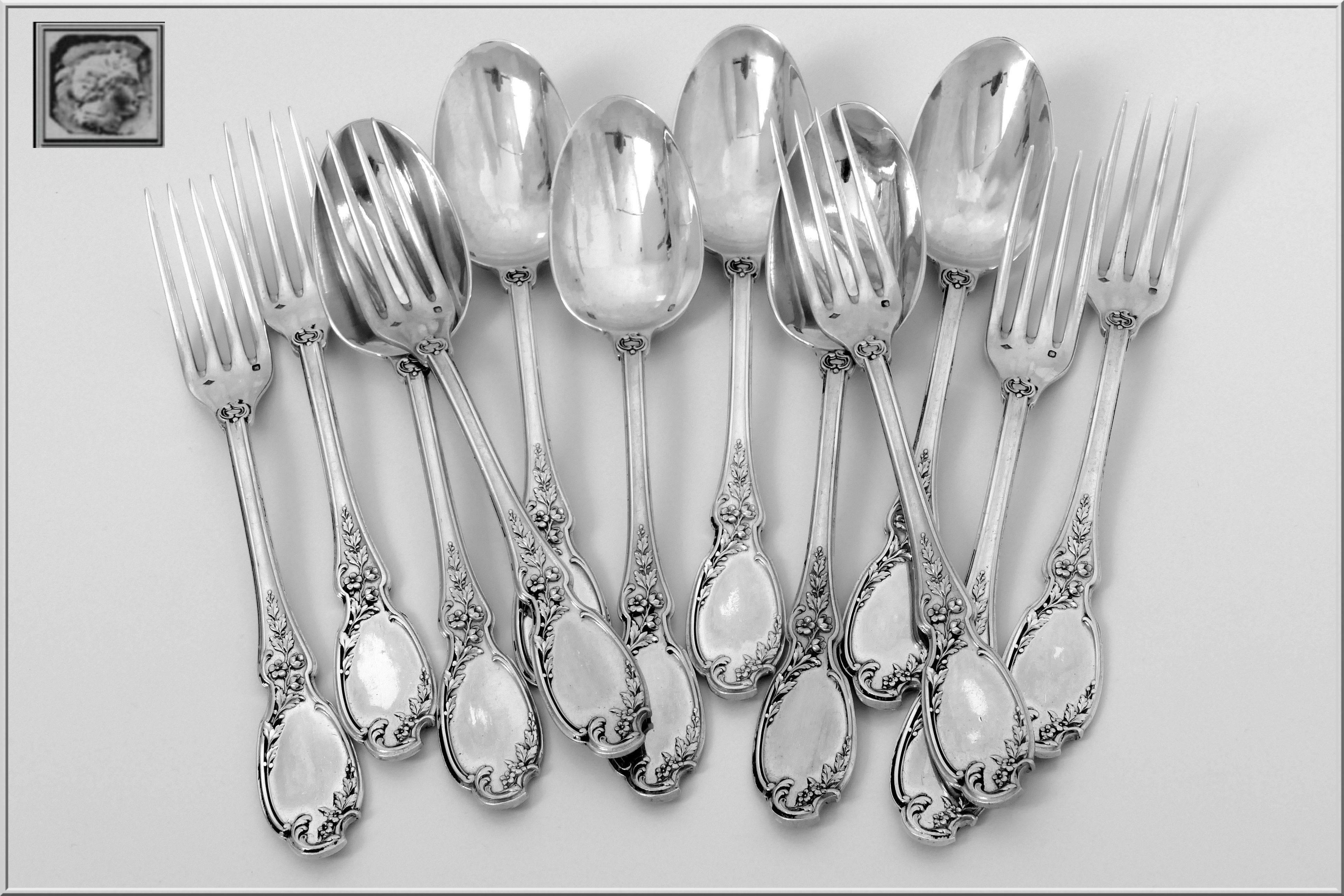 Linzeler French Sterling Silver Dinner Flatware Set 12 pieces, Rococo For Sale 4