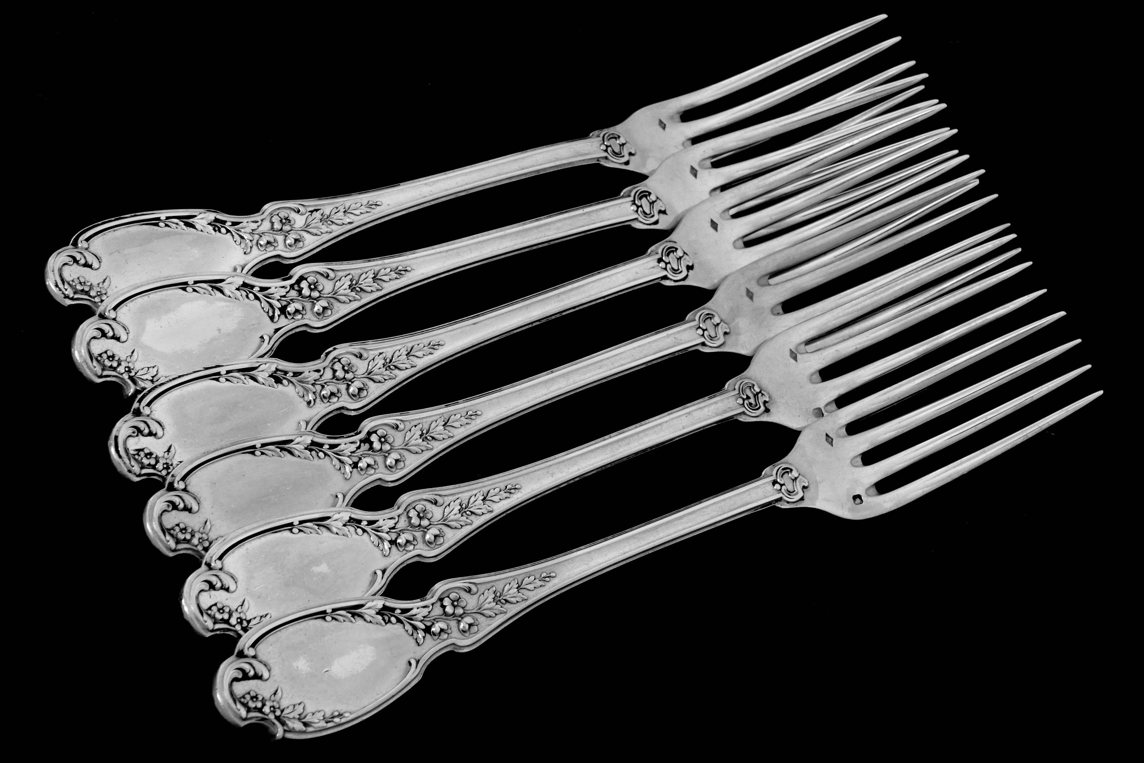 Linzeler French Sterling Silver Dinner Flatware Set 12 pieces, Rococo For Sale 5