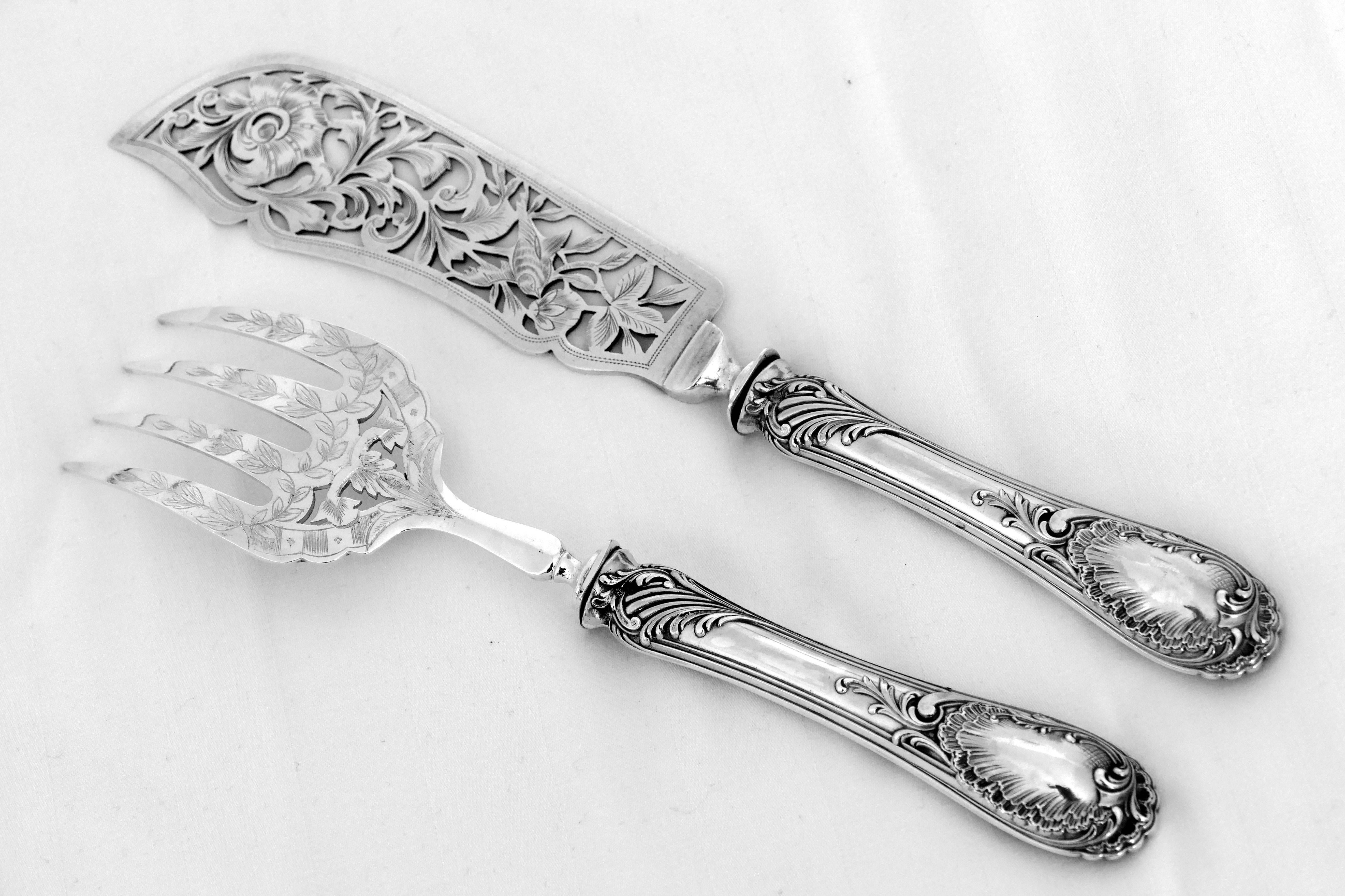 Late 19th Century Puiforcat French Sterling Silver Fish Servers, Set of Two Pieces Rococo
