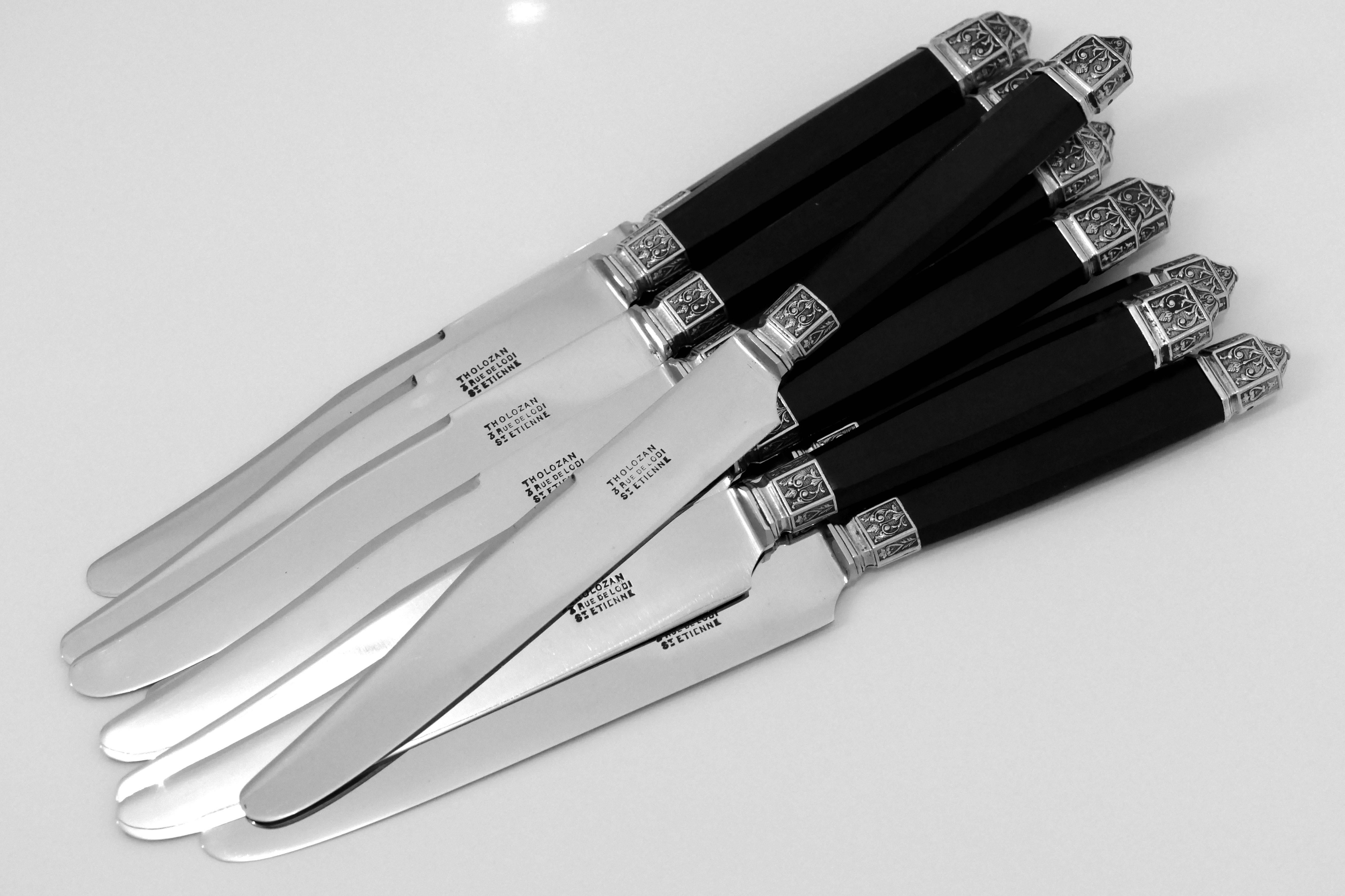 French Silver Ebony Dinner Knife Set 12 pc Renaissance Stainless Blades For Sale 3