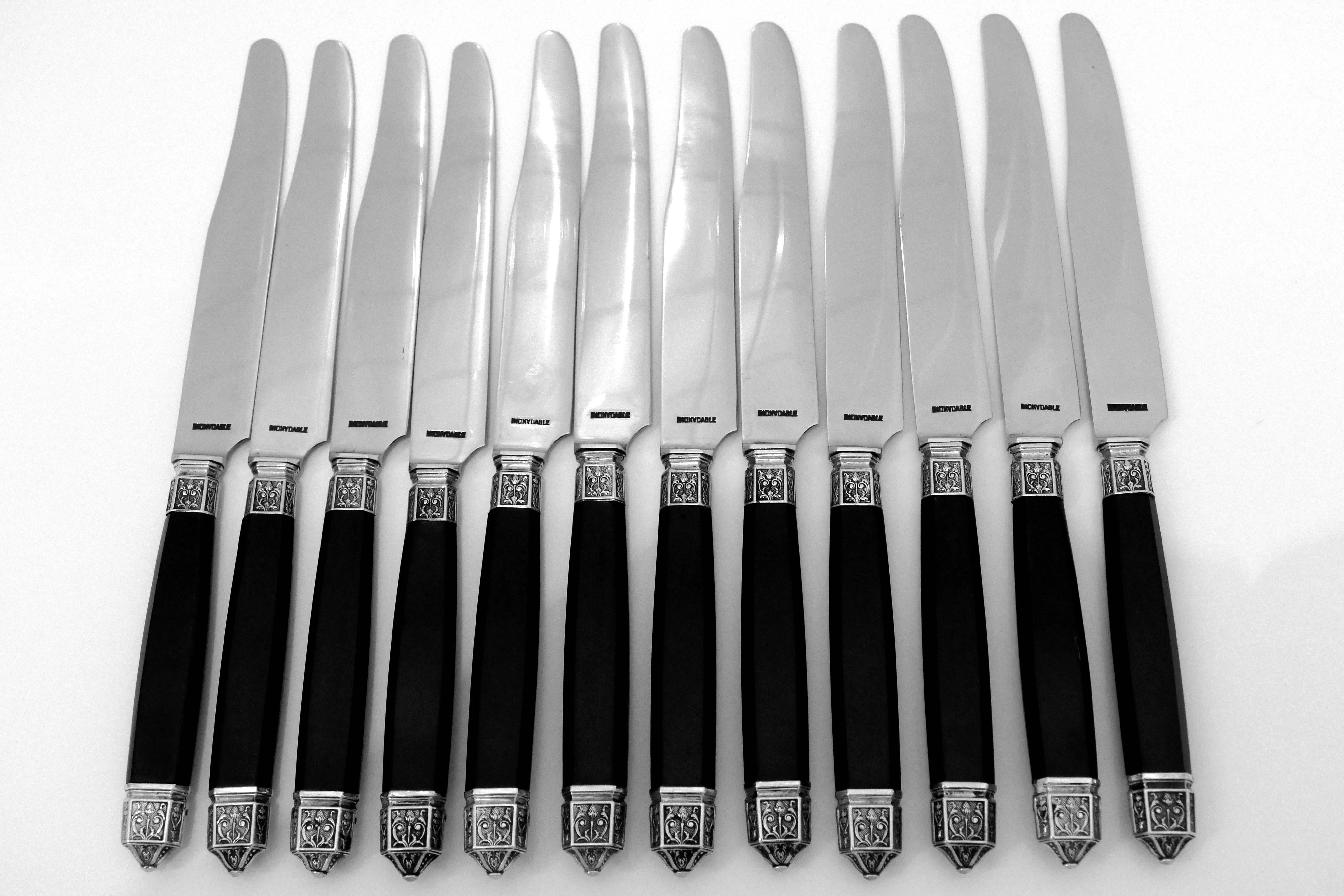 French Silver Ebony Dinner Knife Set 12 pc Renaissance Stainless Blades For Sale 6