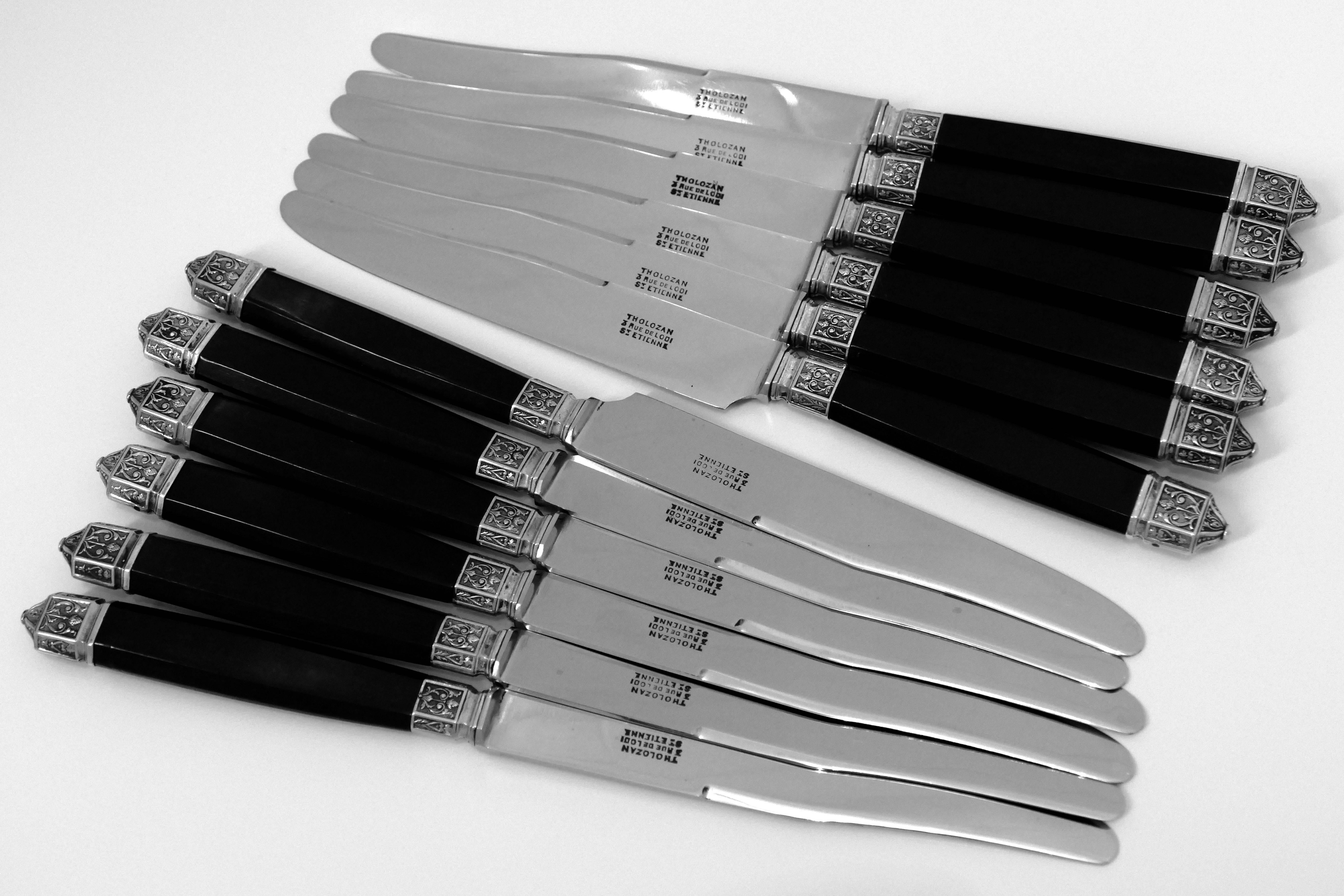 Early 20th Century French Silver Ebony Dinner Knife Set 12 pc Renaissance Stainless Blades For Sale
