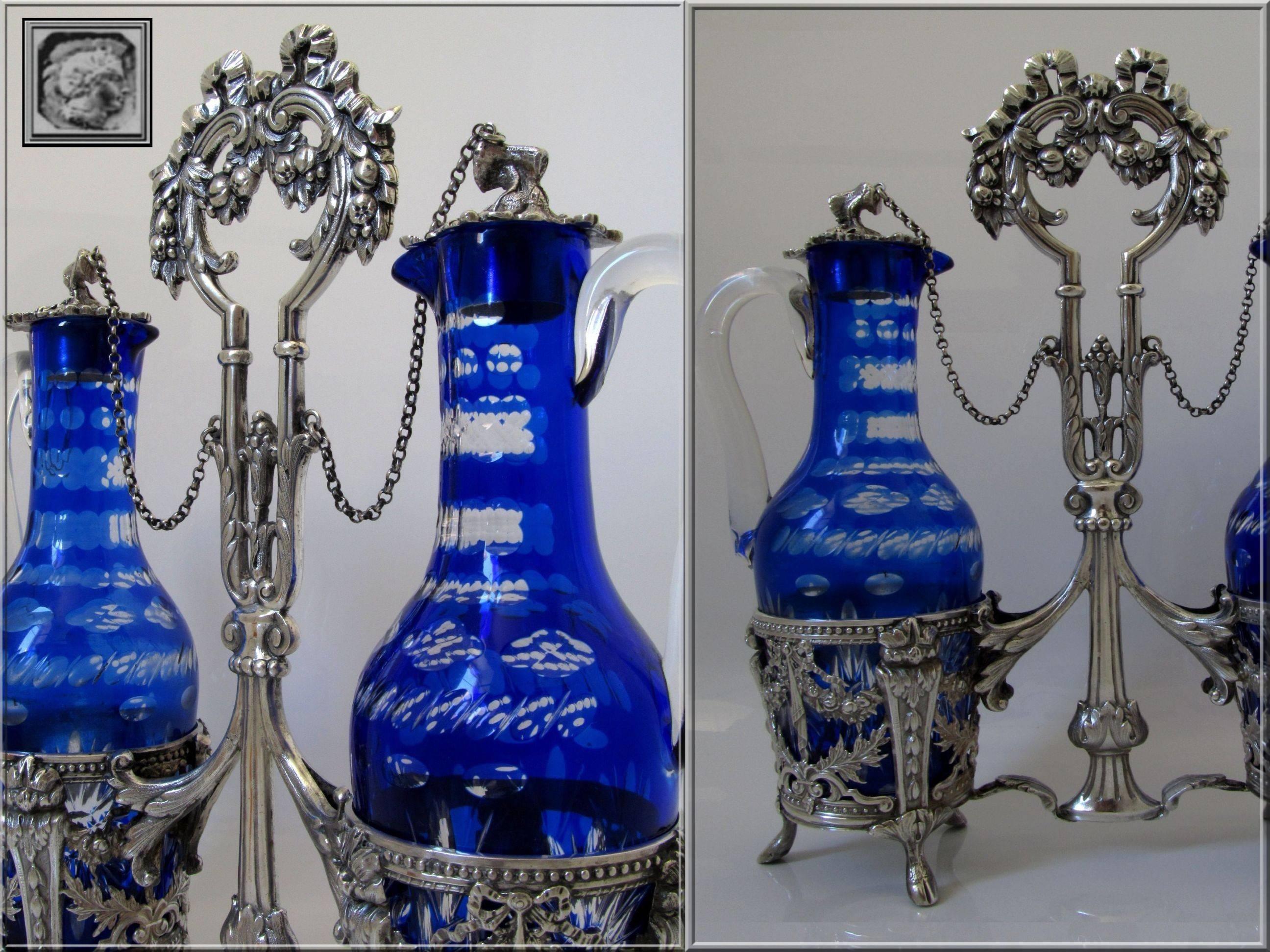 French Sterling Silver Oil, Vinegar Cruet Set Baccarat Cobalt Blue Neoclassical In Good Condition For Sale In TRIAIZE, PAYS DE LOIRE