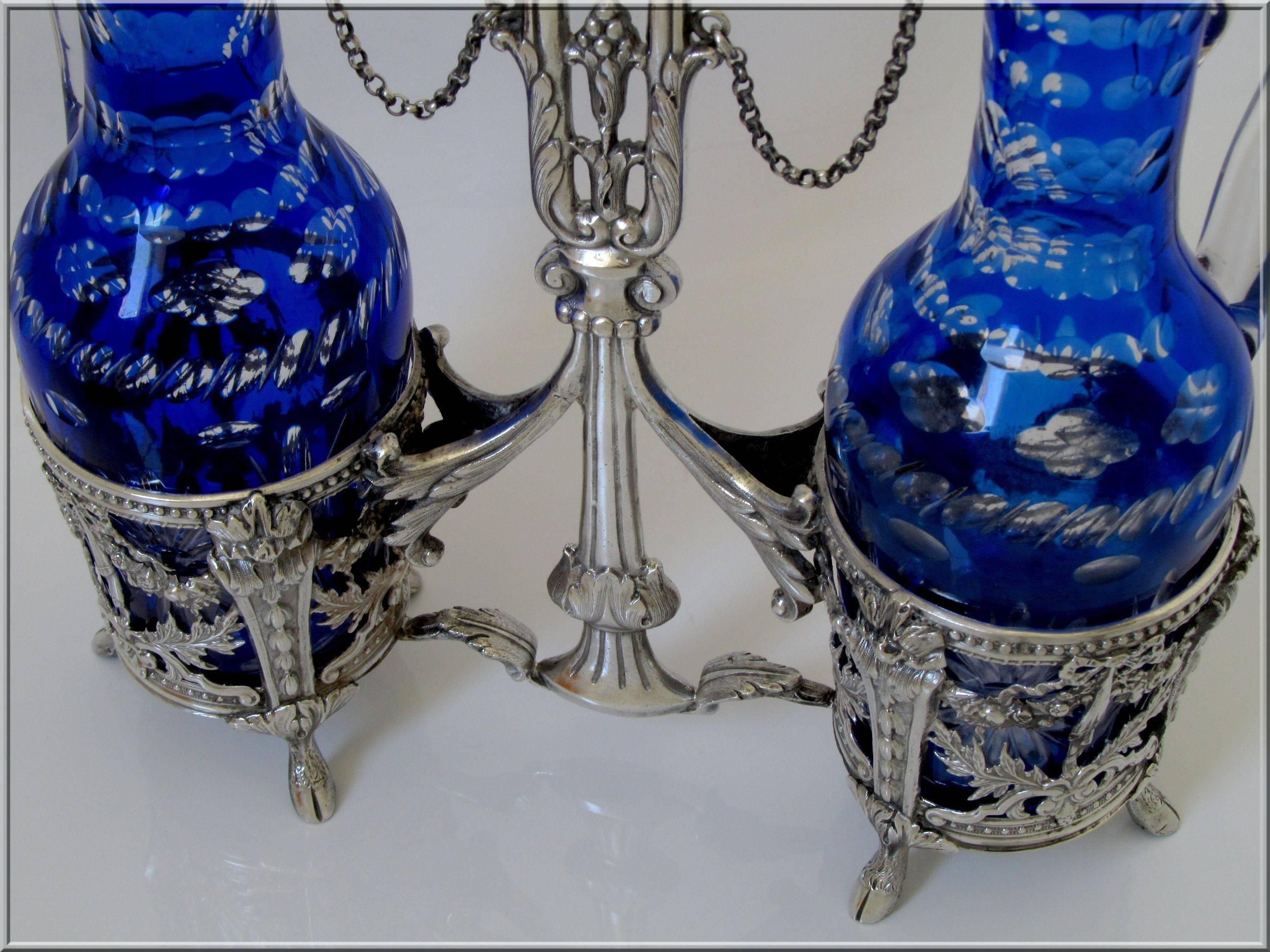 French Sterling Silver Oil, Vinegar Cruet Set Baccarat Cobalt Blue Neoclassical For Sale 2