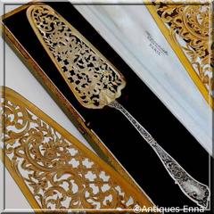 Rare French All Sterling Silver 18K Gold Pie, Pastry, Fish Server, Box, Rococo