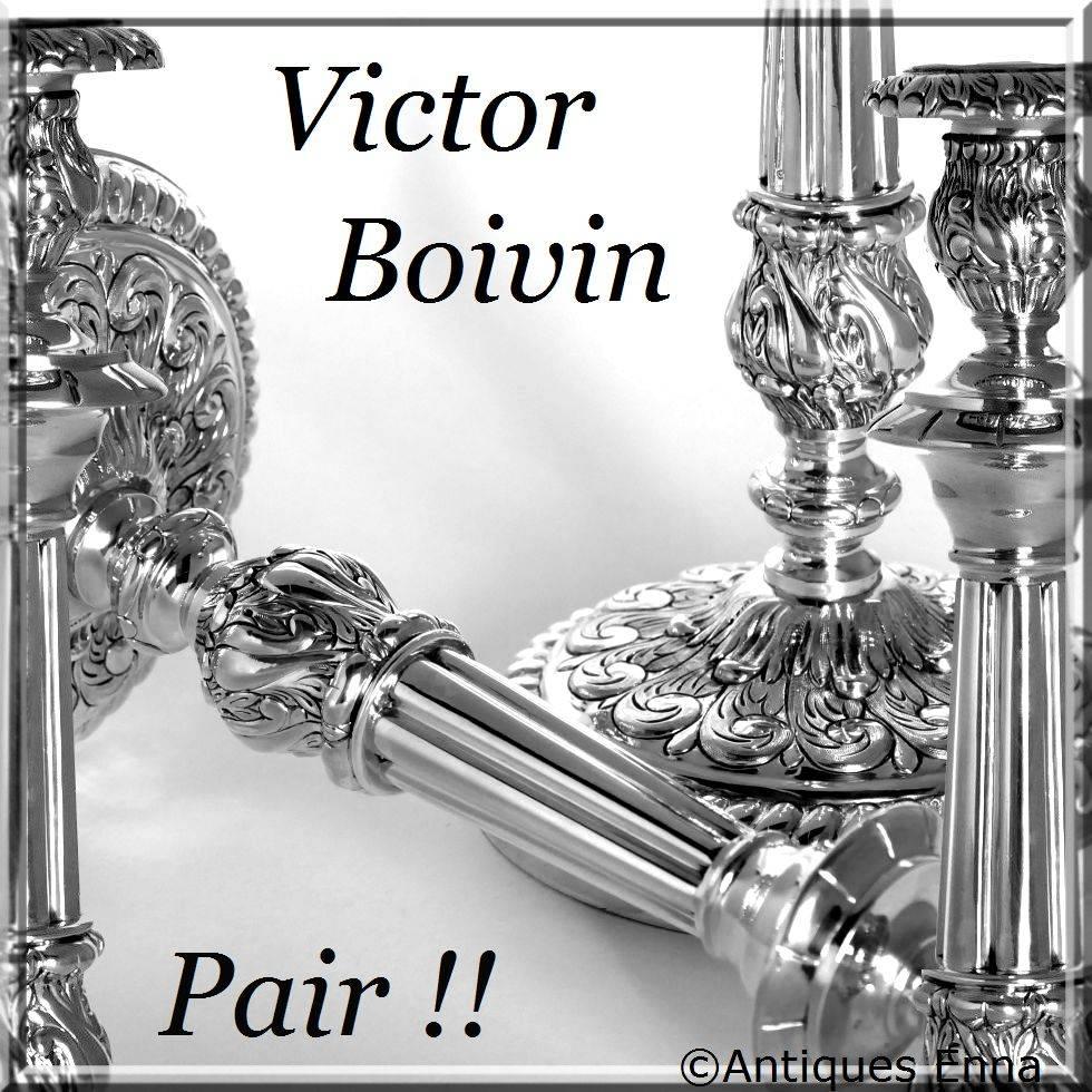 Boivin imposing French sterling silver candlesticks pair. Measures: 14