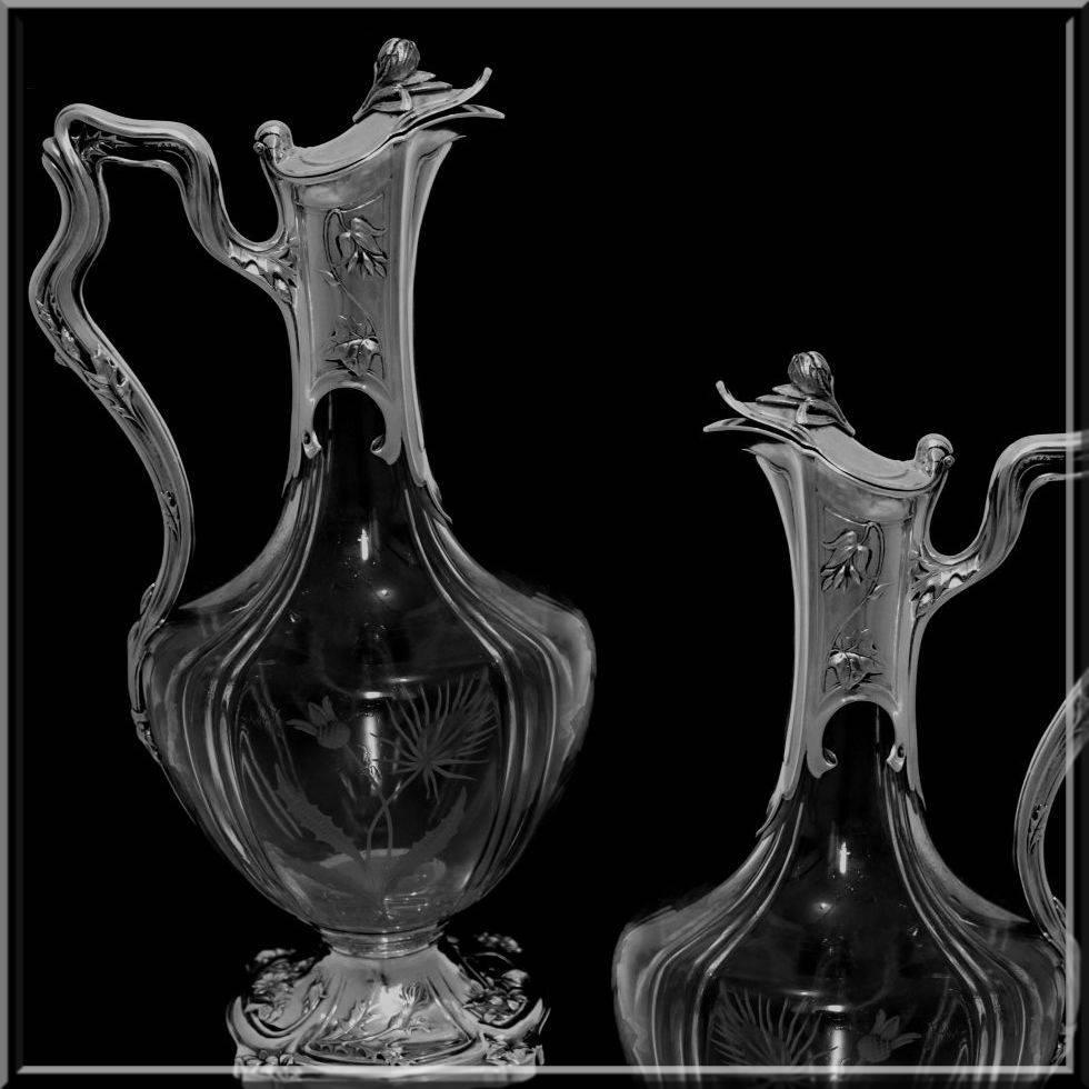 Coignet French Sterling Silver Cut Crystal Claret Jug, Ewer, Decanter Iris In Excellent Condition In TRIAIZE, PAYS DE LOIRE