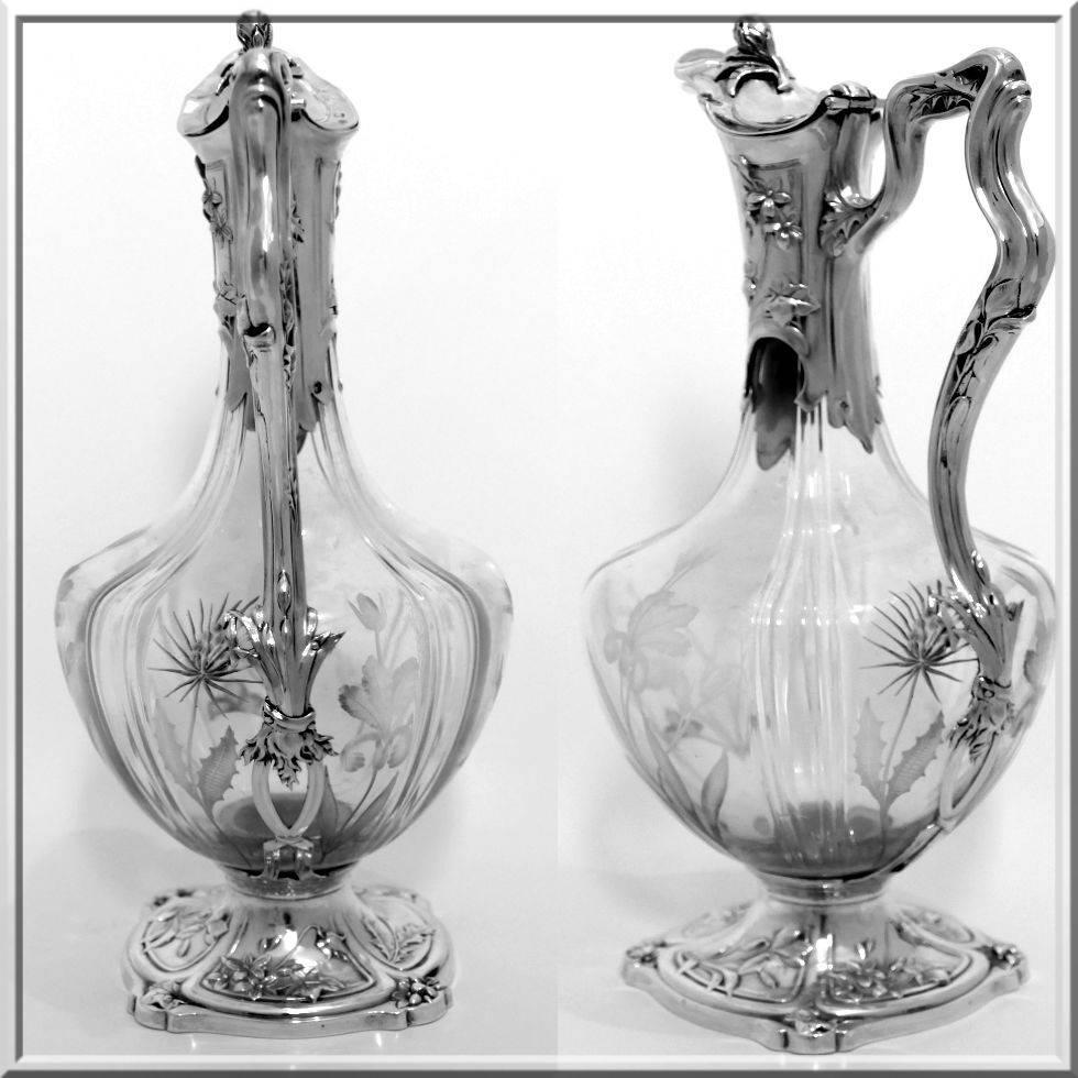 Late 19th Century Coignet French Sterling Silver Cut Crystal Claret Jug, Ewer, Decanter Iris