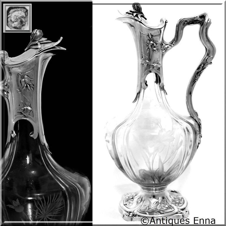 French Sterling Silver Cut Crystal Claret Jug, Ewer, Decanter