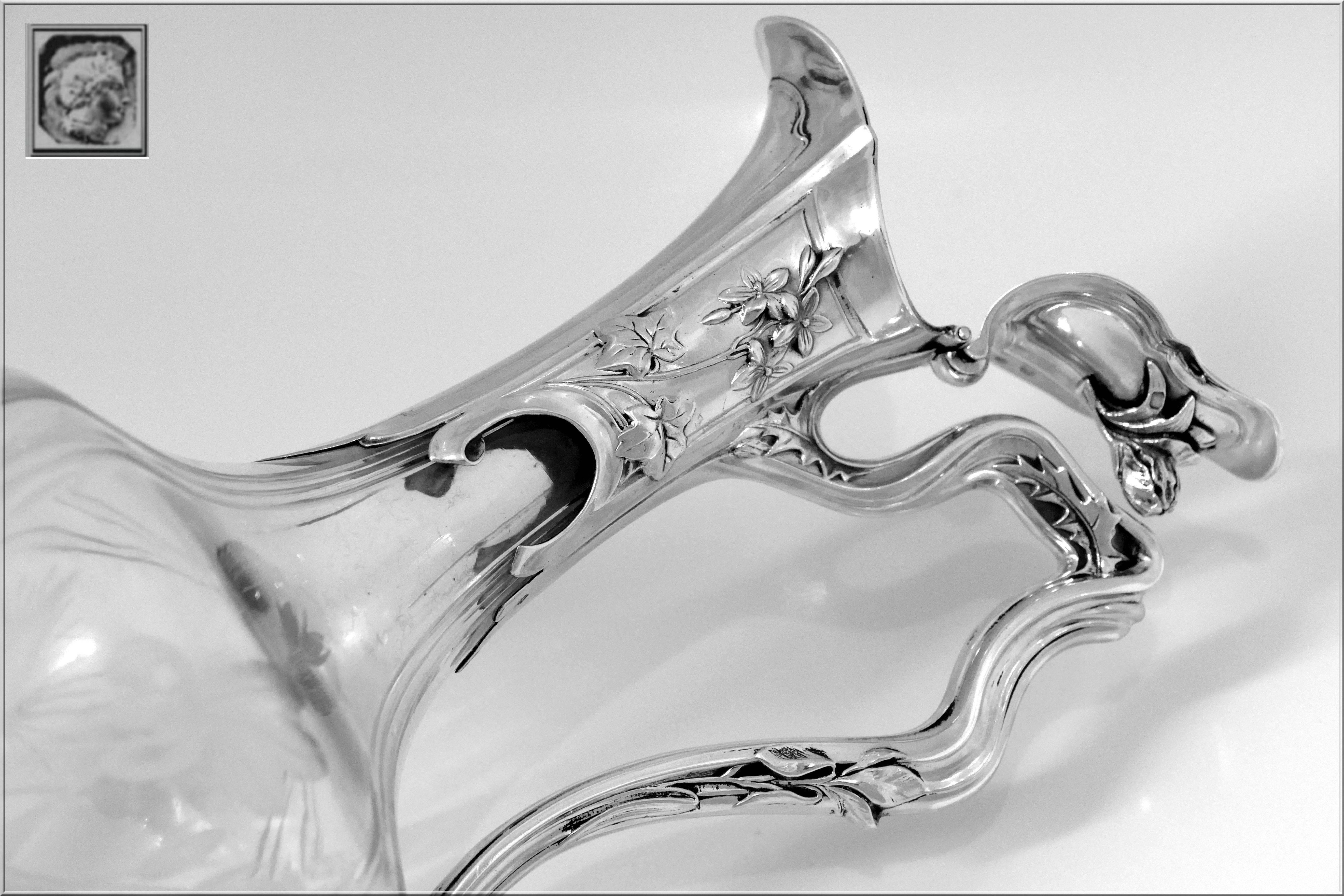 Art Nouveau Coignet French Sterling Silver Cut Crystal Claret Jug, Ewer, Decanter Iris