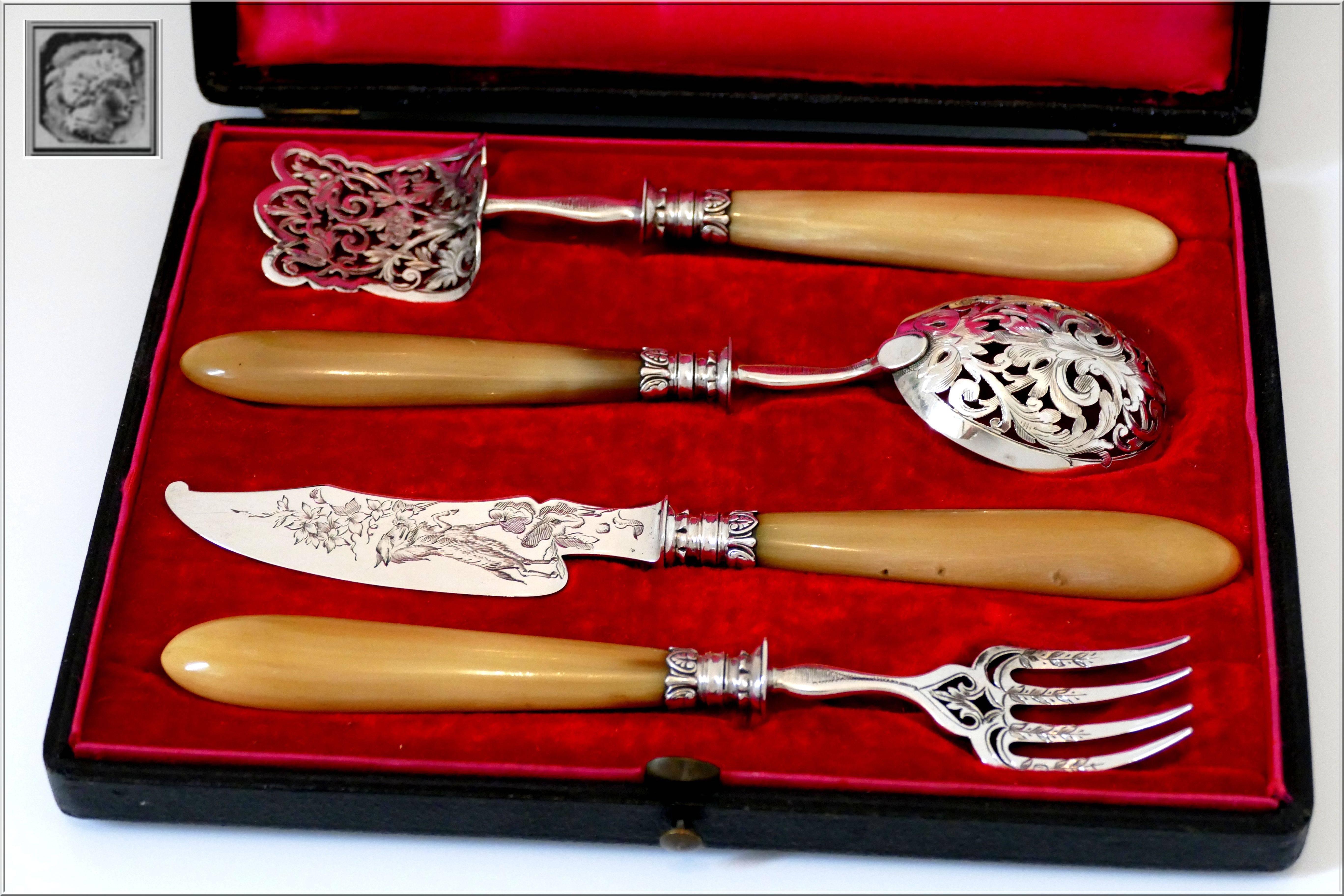 Early 20th Century 1900s Rare French Sterling Silver & Horn Dessert Hors D'oeuvre Set 4 pc w/box