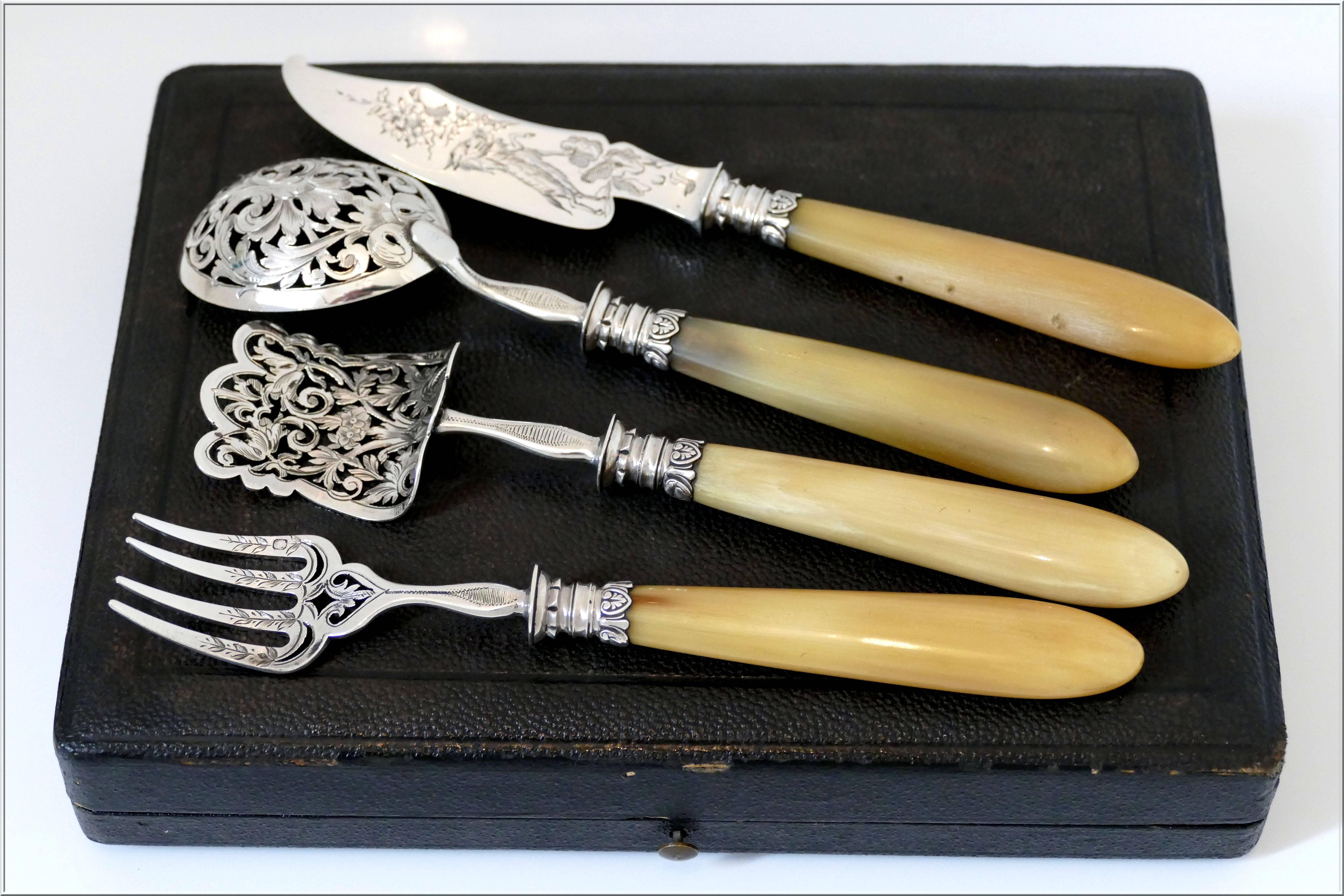 1900s Rare French Sterling Silver & Horn Dessert Hors D'oeuvre Set 4 pc w/box 2