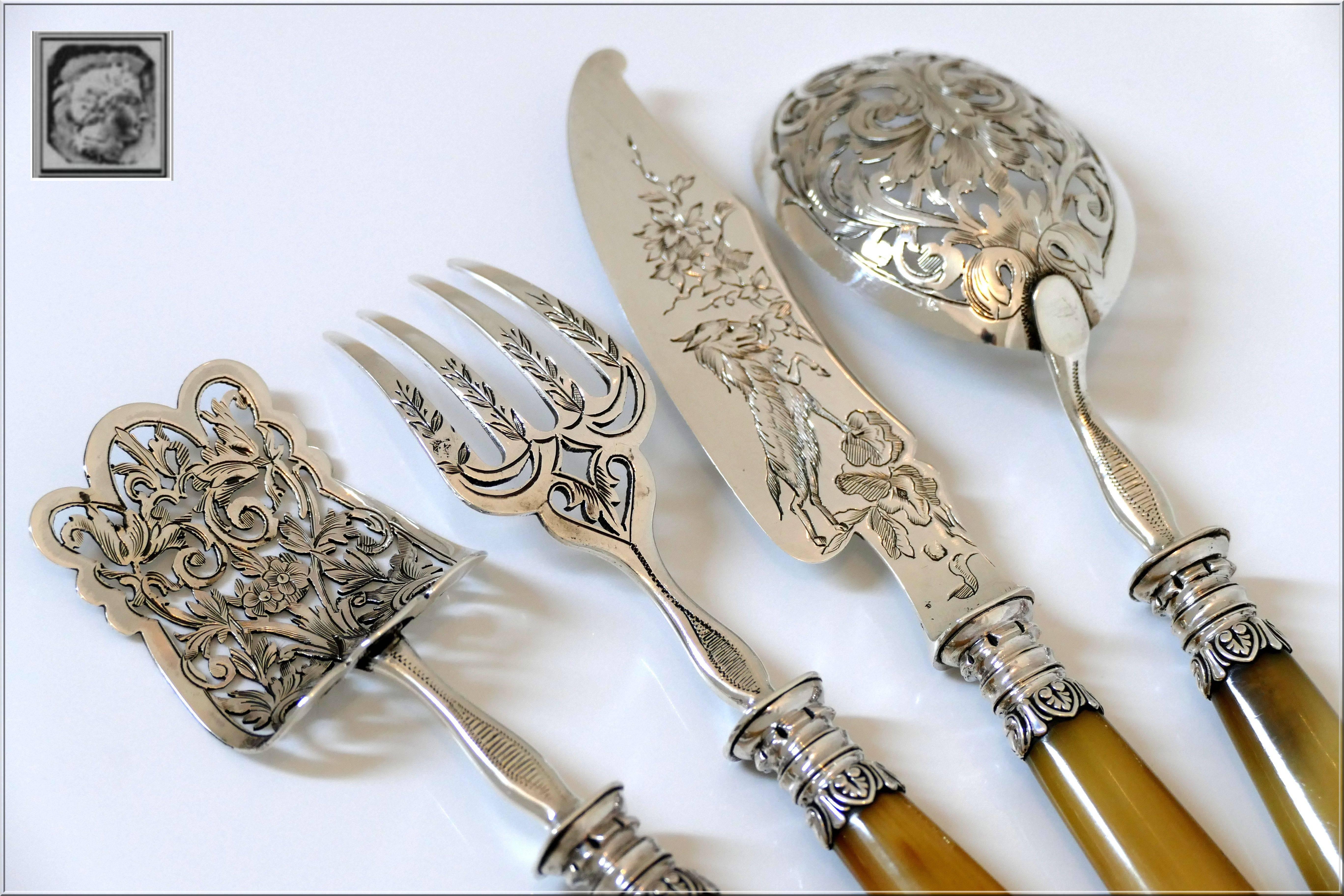 1900s Rare French Sterling Silver & Horn Dessert Hors D'oeuvre Set 4 pc w/box In Excellent Condition In TRIAIZE, PAYS DE LOIRE