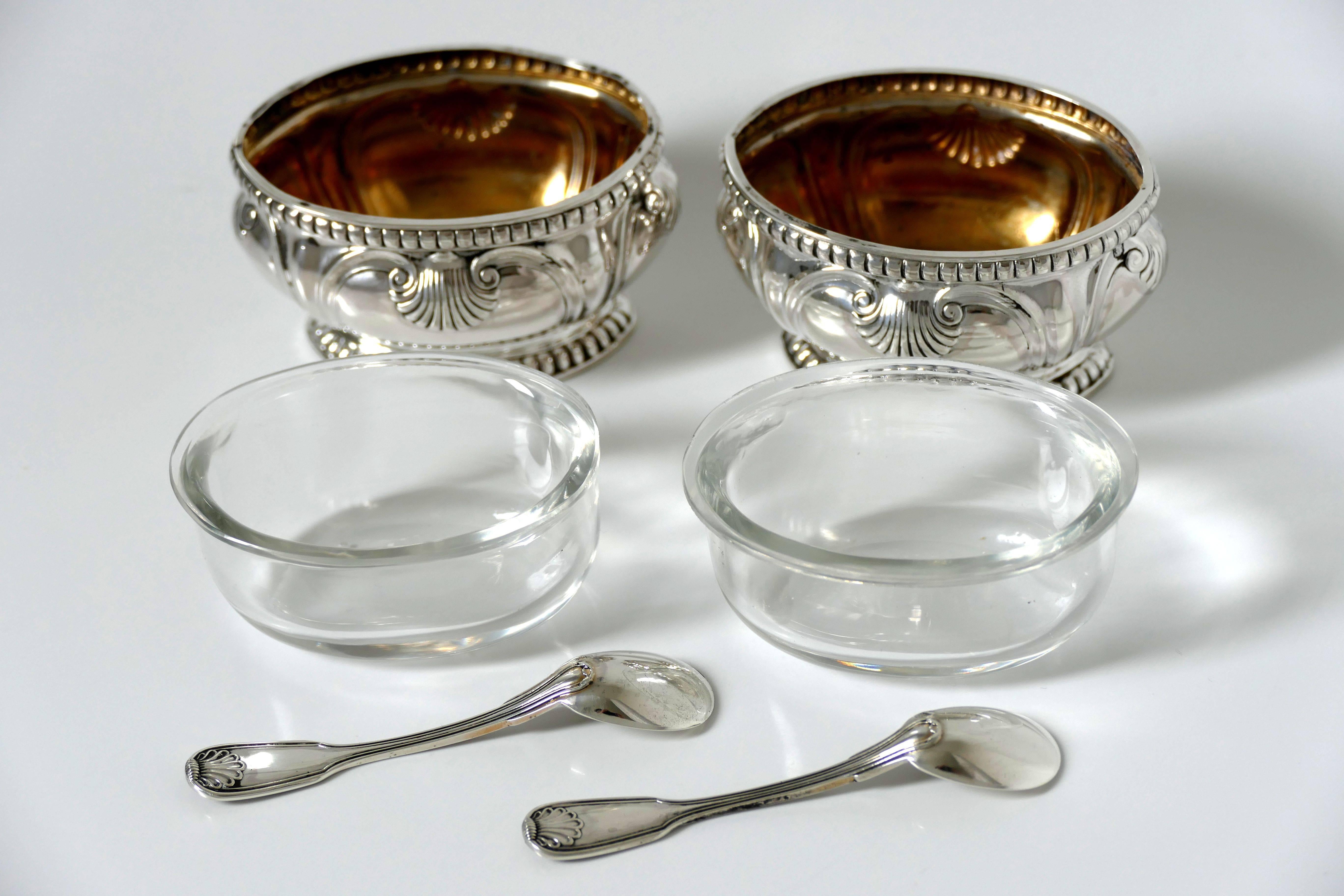 Louis XIV Puiforcat French Sterling Silver Gold 18-karat Salt Cellars Pair with Spoons For Sale