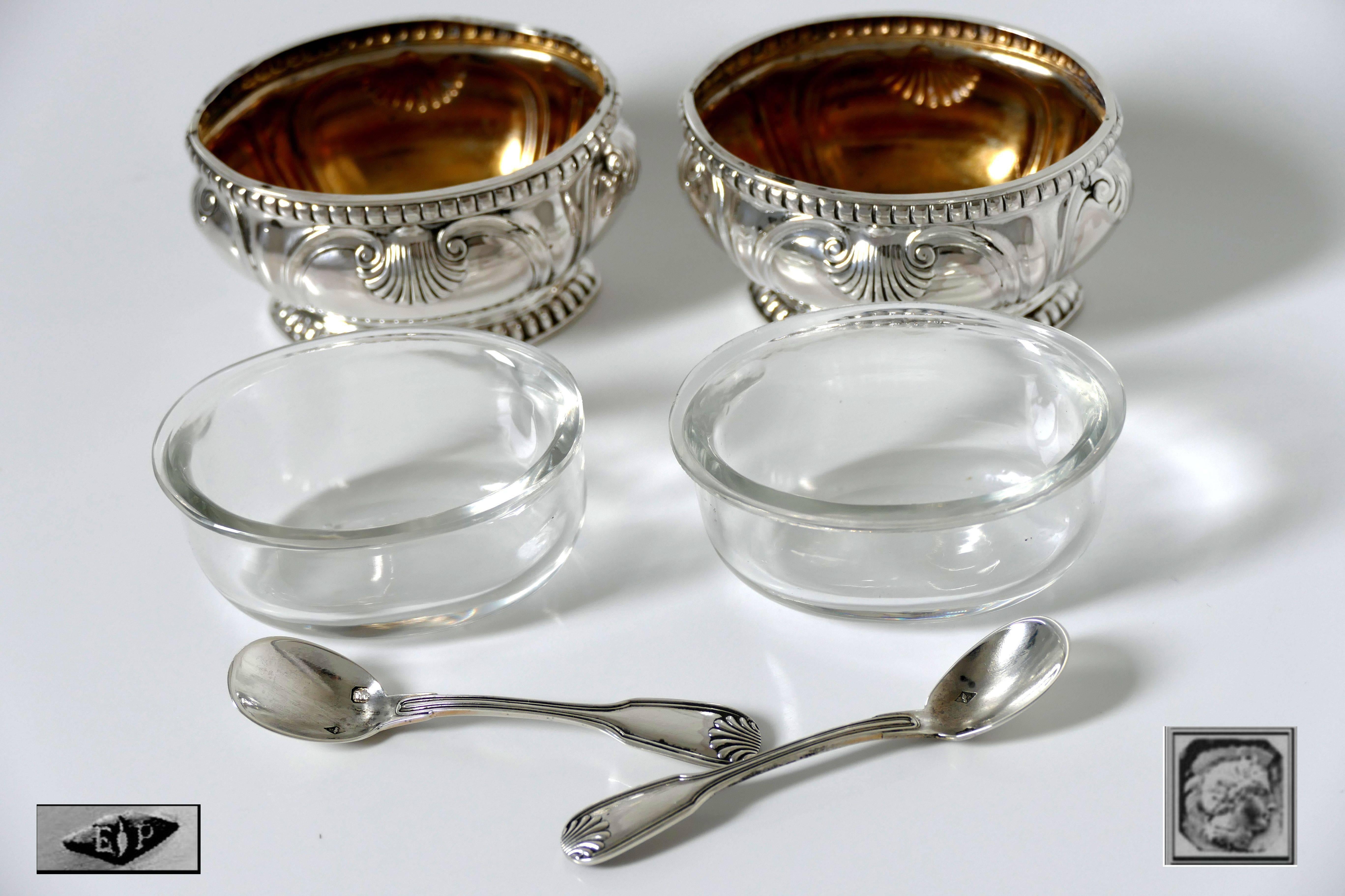 Late 19th Century Puiforcat French Sterling Silver Gold 18-karat Salt Cellars Pair with Spoons For Sale