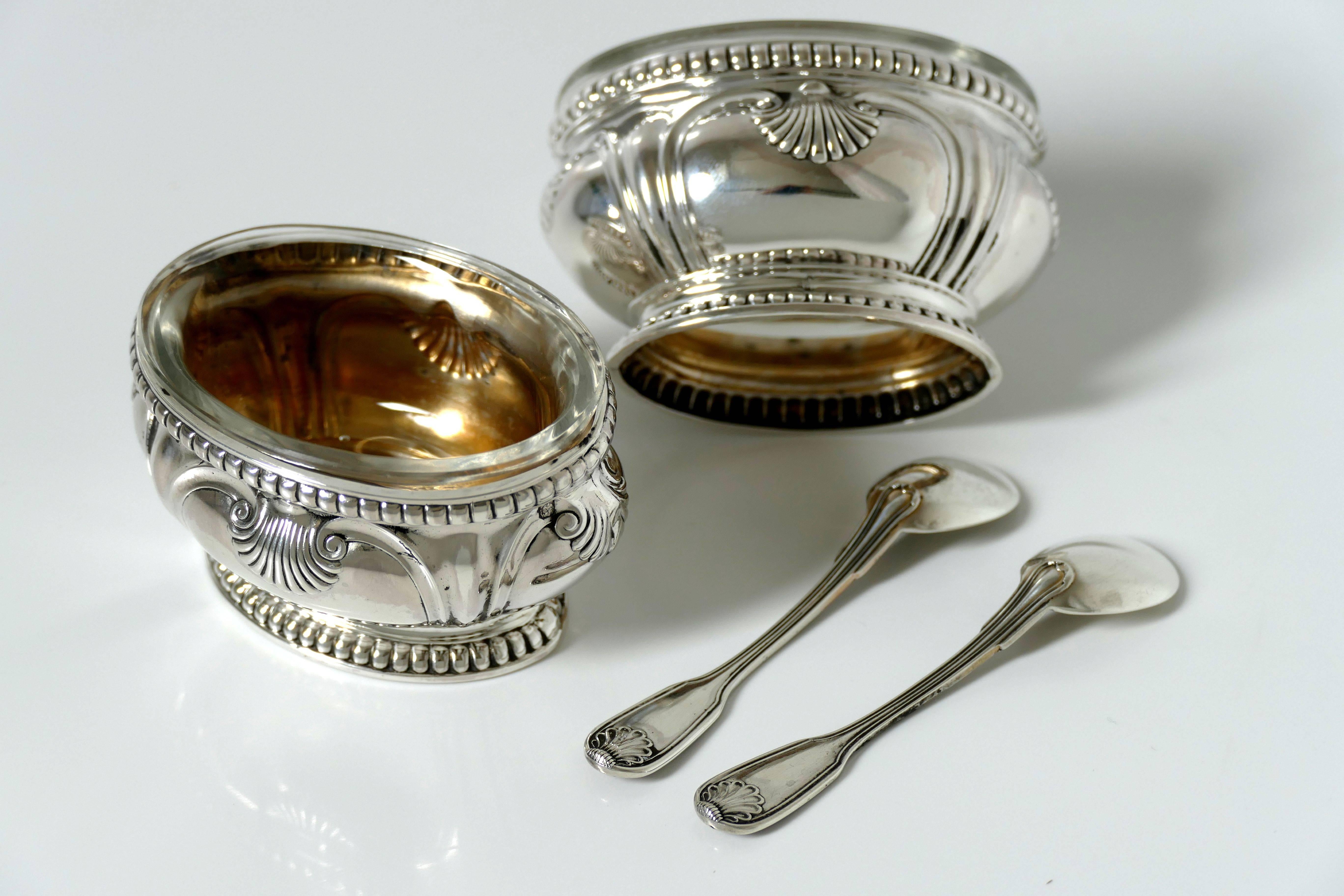 Puiforcat French Sterling Silver Gold 18-karat Salt Cellars Pair with Spoons For Sale 1