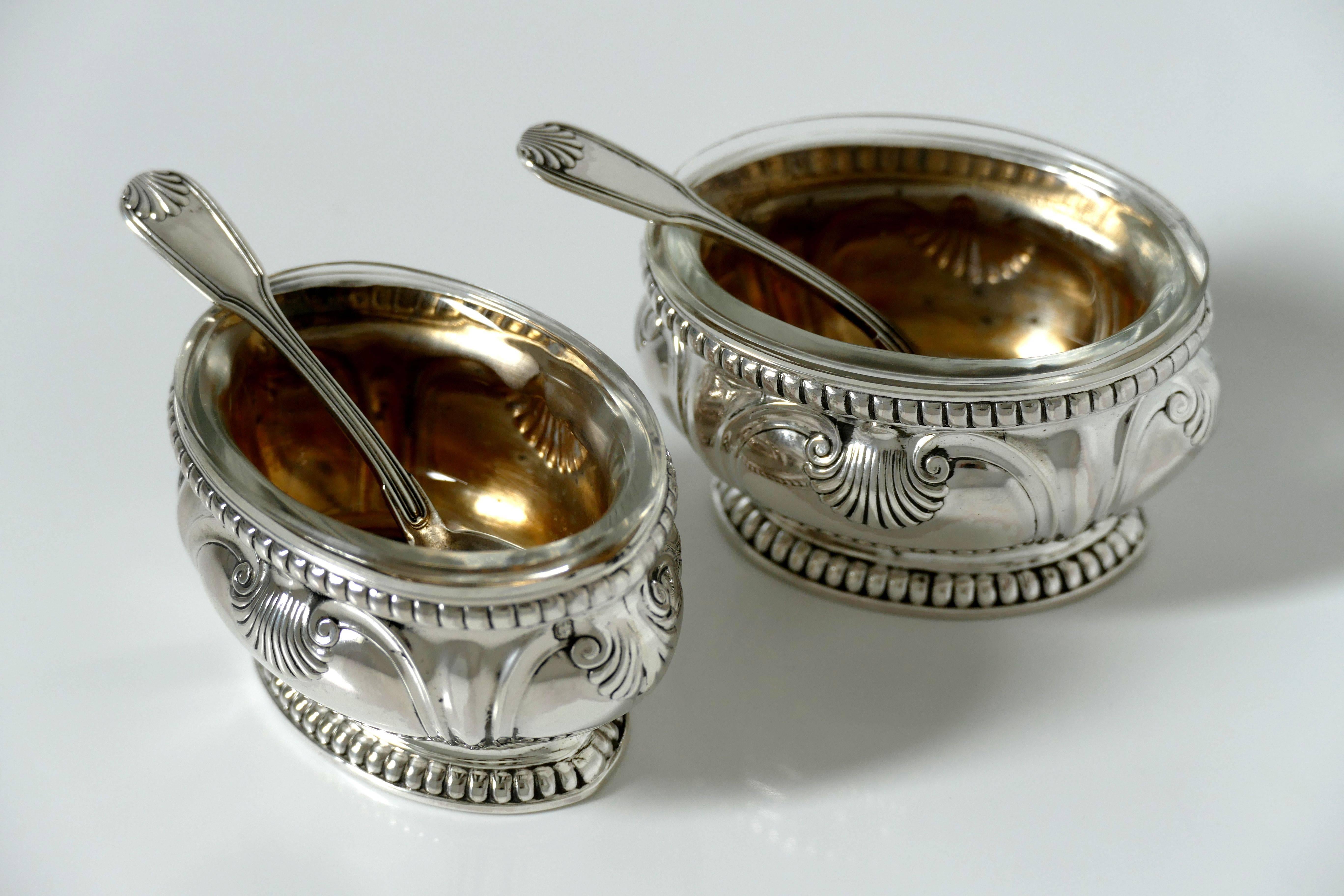Puiforcat French Sterling Silver Gold 18-karat Salt Cellars Pair with Spoons For Sale 2