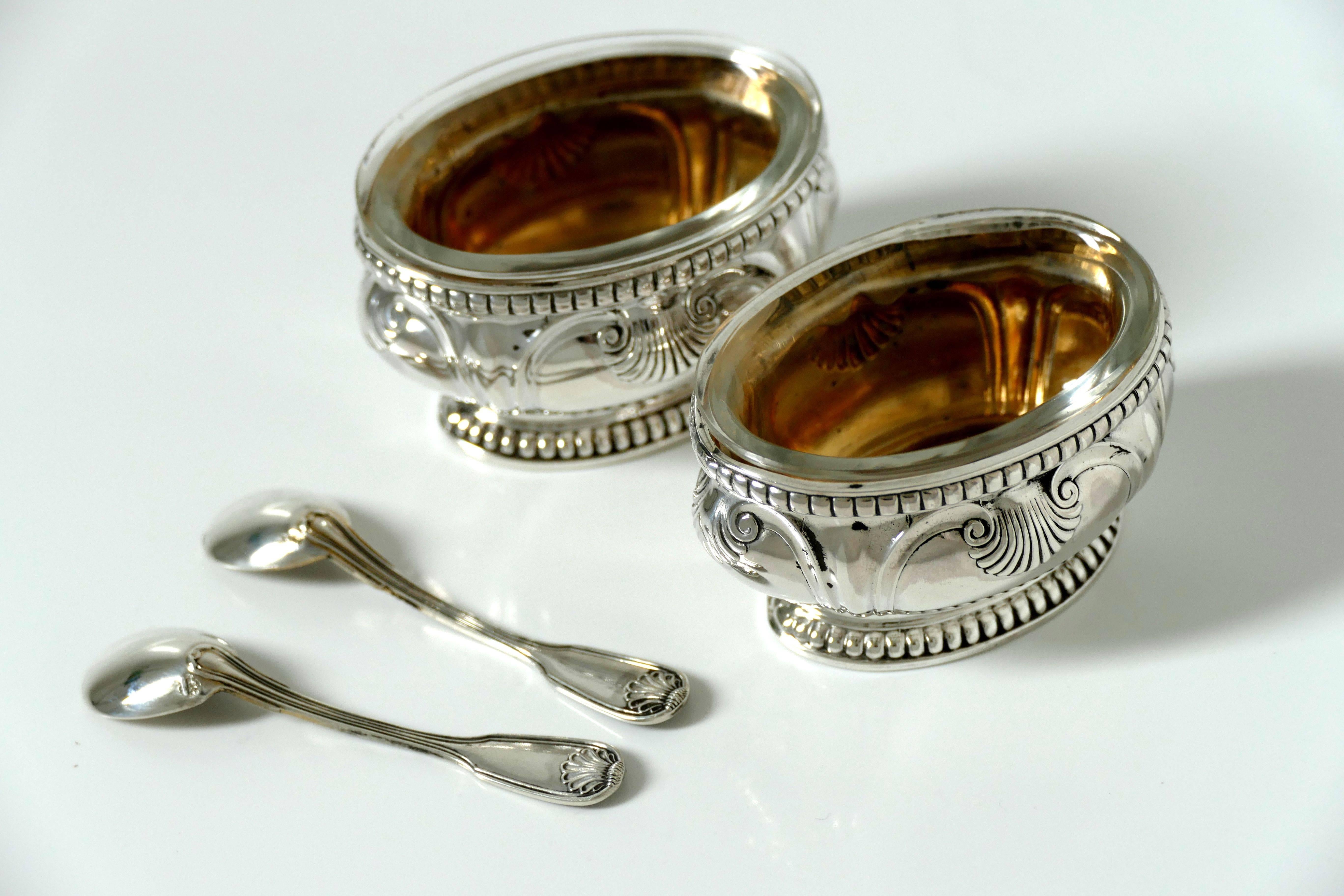 Puiforcat French Sterling Silver Gold 18-karat Salt Cellars Pair with Spoons For Sale 4