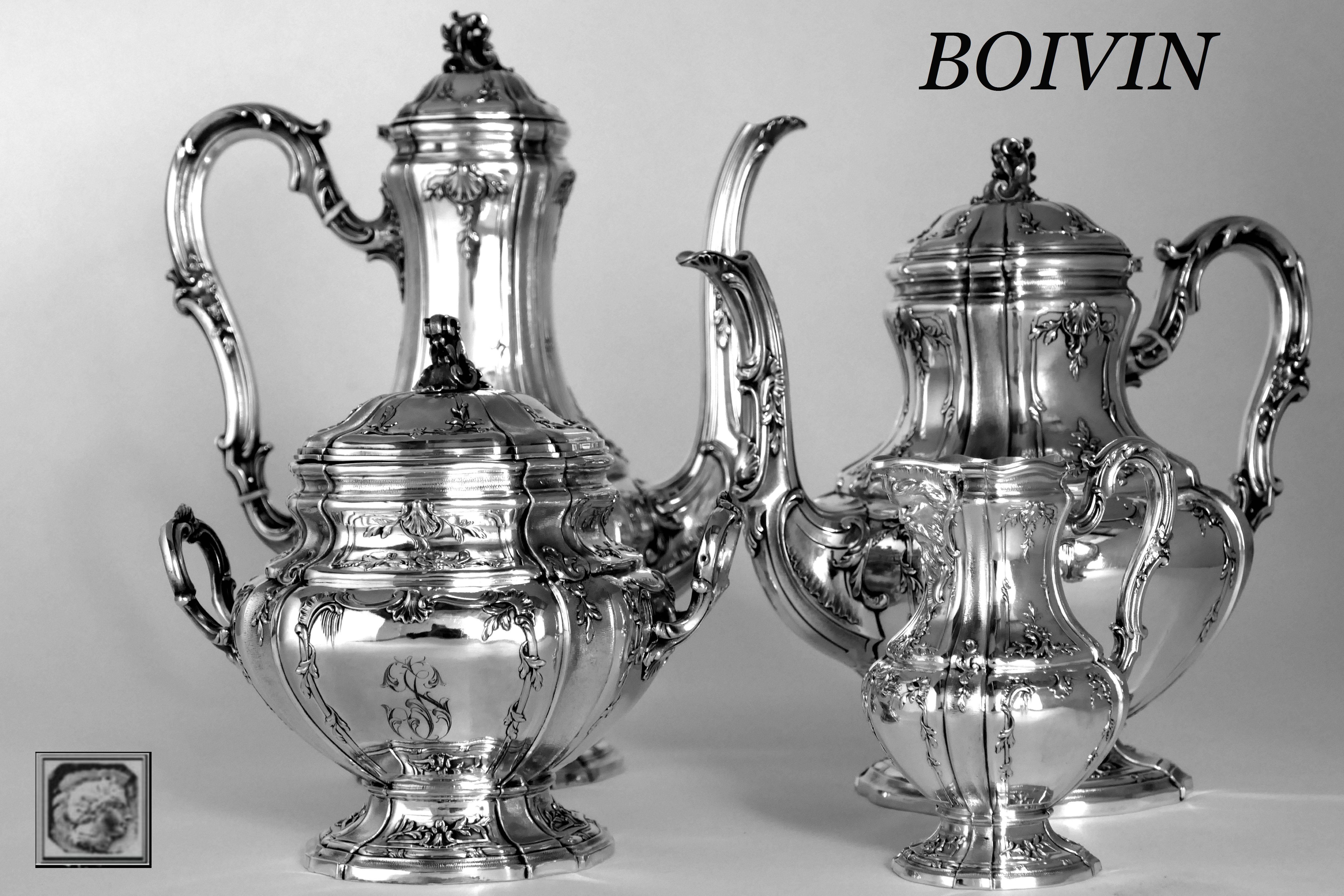 Renaissance Boivin French Sterling Silver Gold 18-Karat Tea Coffee Set of Four-Piece Bacchus For Sale